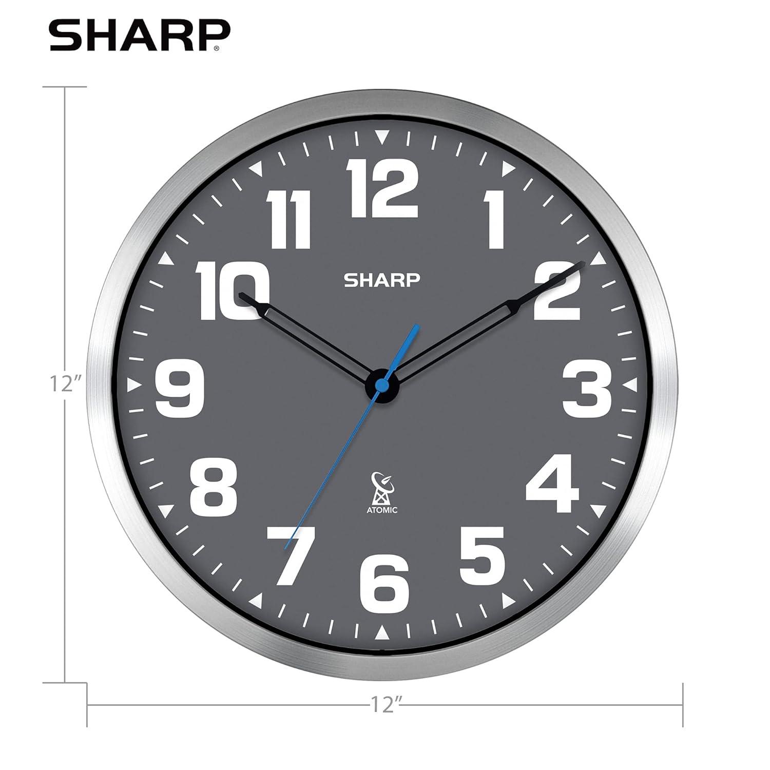 Sharp Atomic Analog Wall Clock - 12" Grey Face Silver Finish Auto Set Battery Opp Modern Design