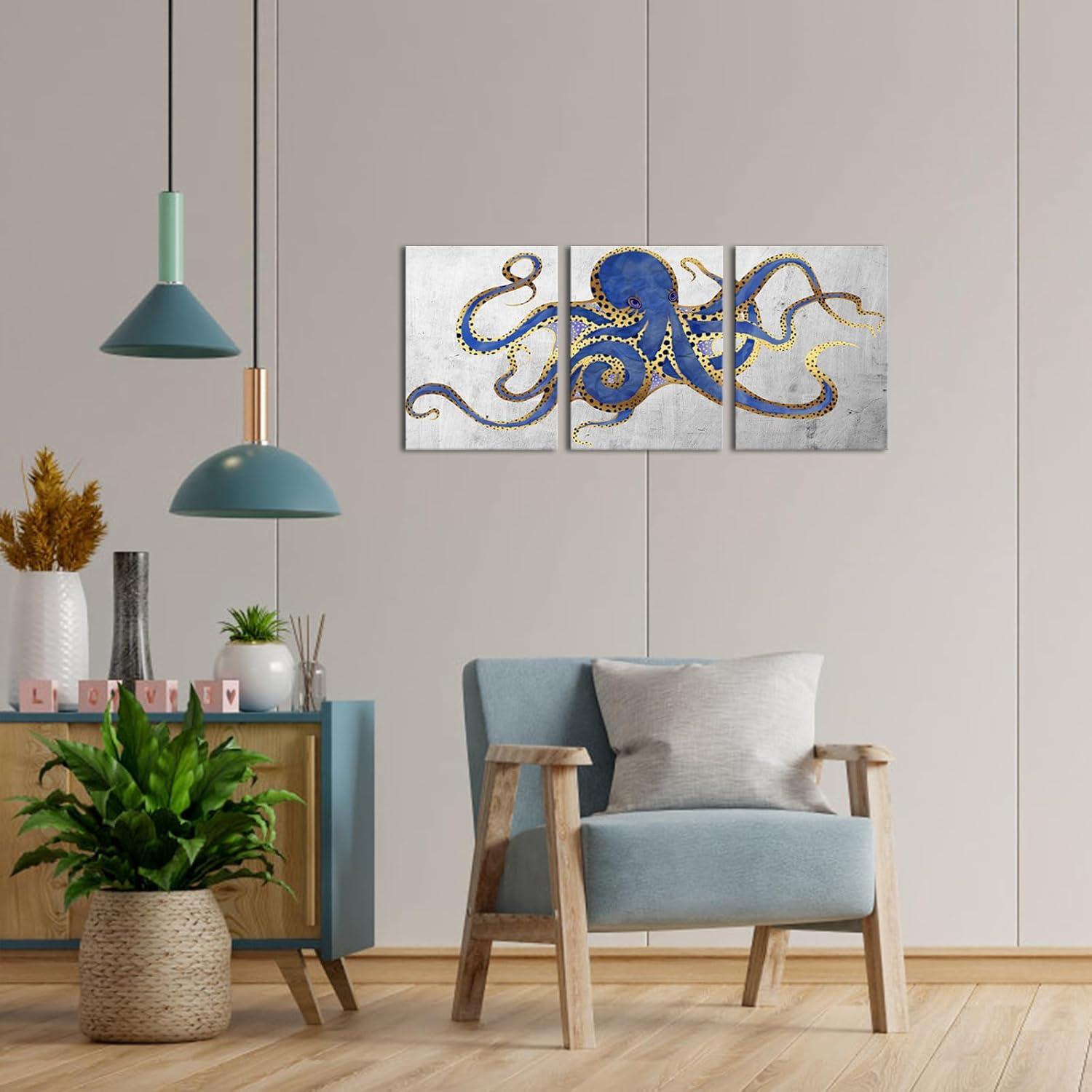 3 Piece Octopus Wall Art Painting Navy Blue Marine Animal Picture Print On Canvas Ocean Life Poster for Bathroom Bedroom Home Decor Decoration Gift Easy To Hang 12"x16"x3PCS