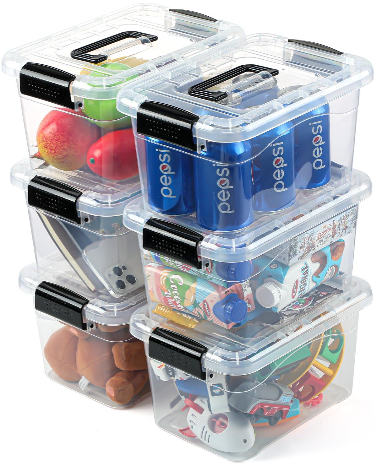 Plastic Storage Bins 7 Quart-Storage Organizer Bins with Black Buckle Lids, Stackable Storage Bins with Lids for Home Office Kids Room Closet School Art Supplies Organization,6 Packs, Clear
