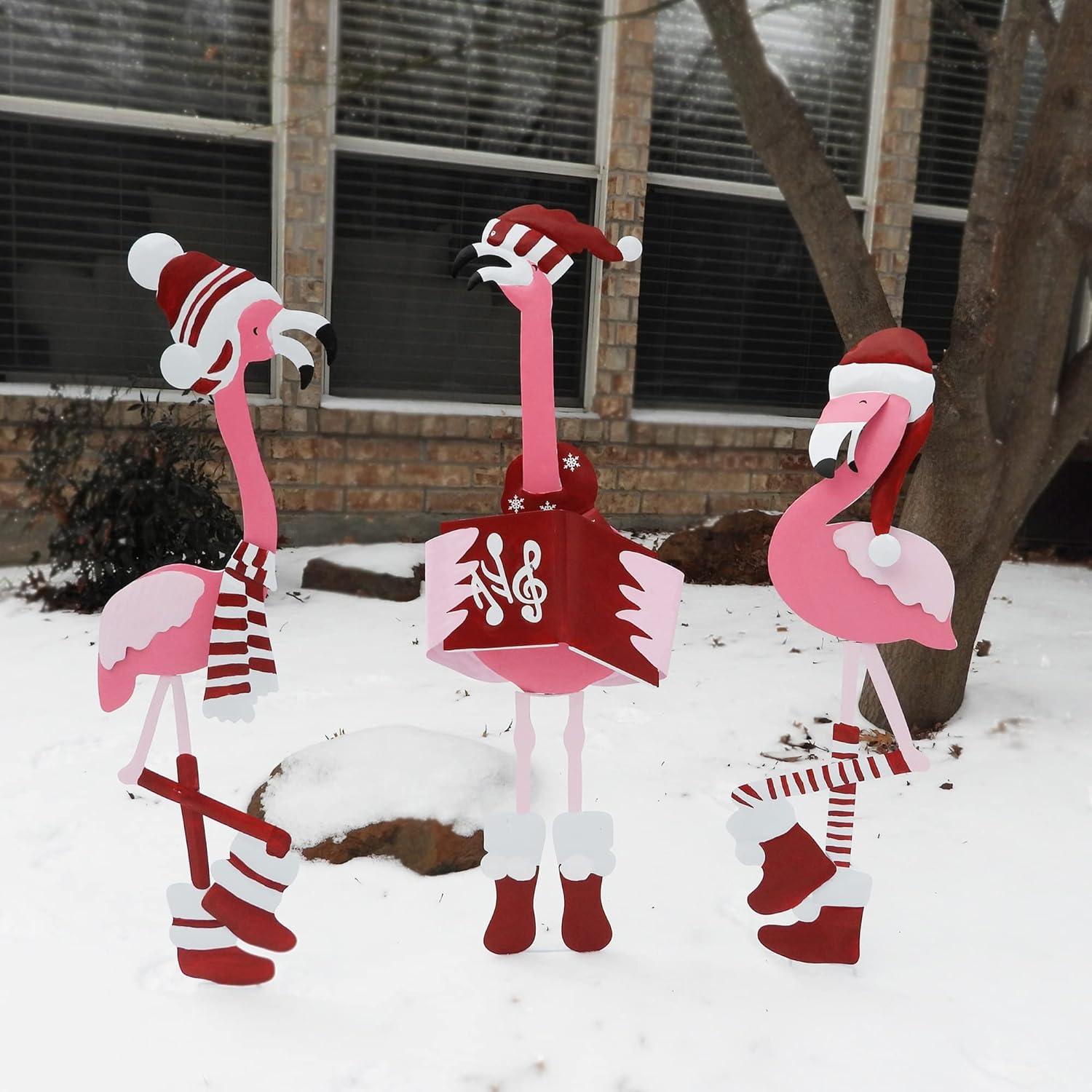 Festive Metal Christmas Caroling Flamingo Trio Yard Decor