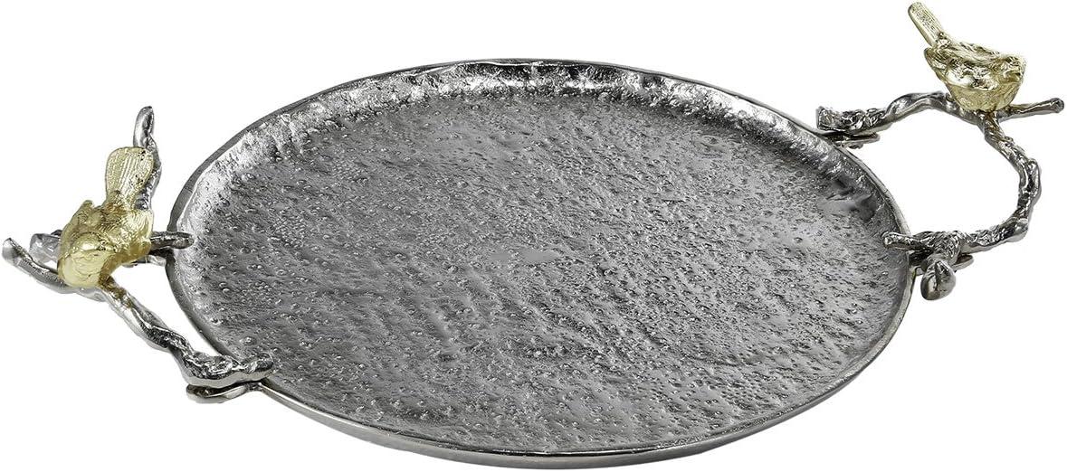 Round Silver Aluminum Serving Tray with Gold Bird Handles