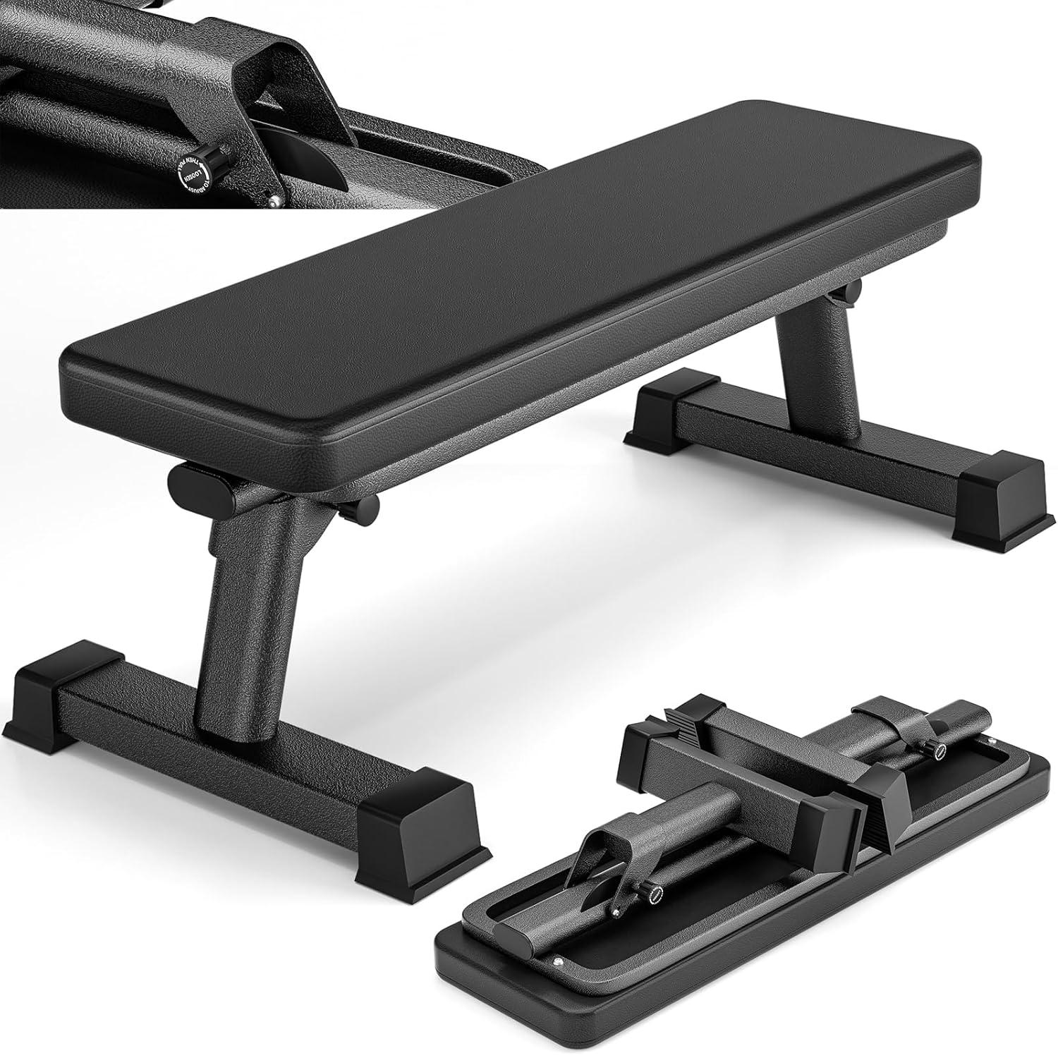 Finer Form Gym Quality Foldable Flat Bench for Multi-Purpose Weight Training and Ab Exercises (Black)