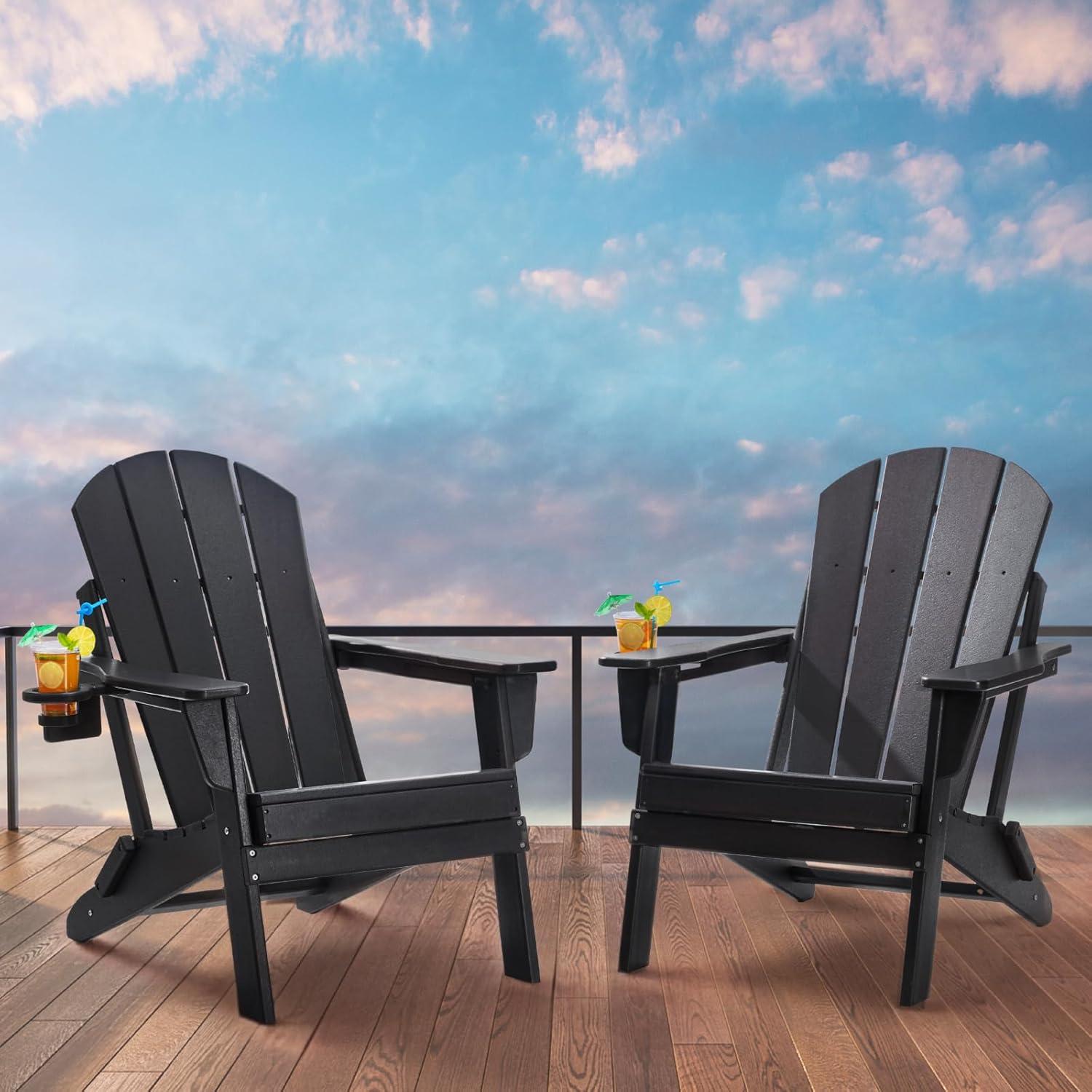 Black HDPE Plastic Folding Adirondack Chairs with Cup Holder, Set of 2