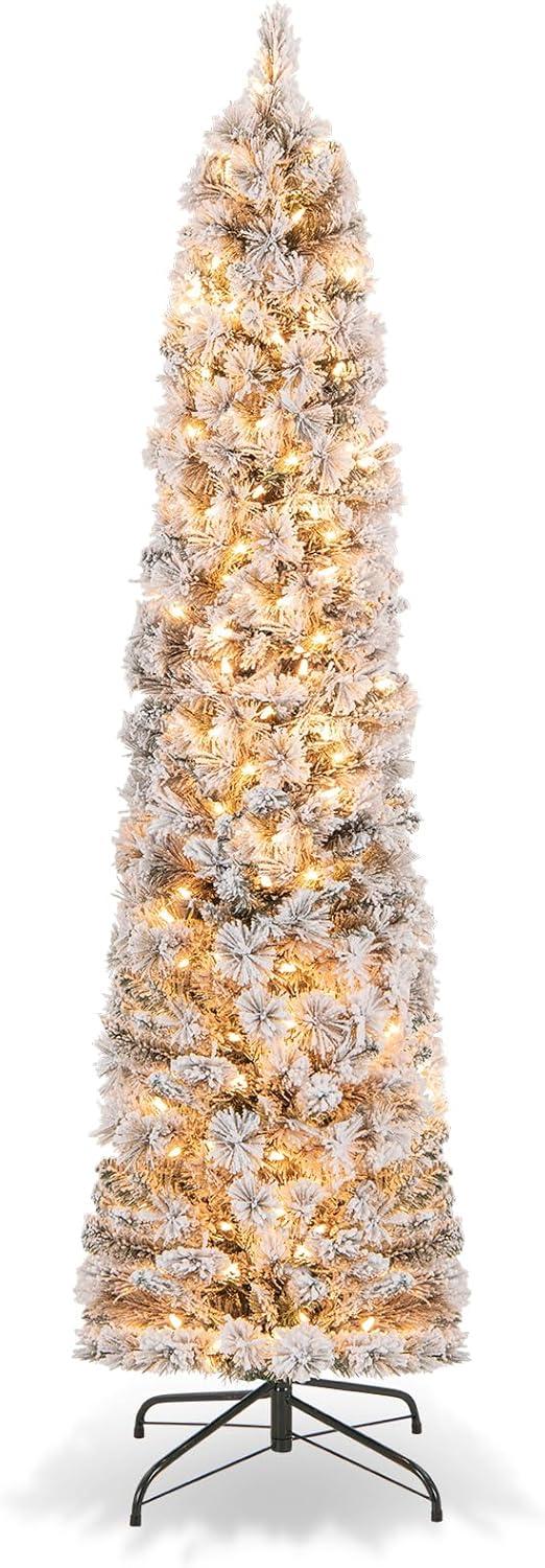 Tangkula 4.5/6/7FT Pre-lit Artificial Christmas Tree Snow-flocked Pencil Xmas Tree with 100/150/210 Warm White Lights 258/373/466 Branch Tips