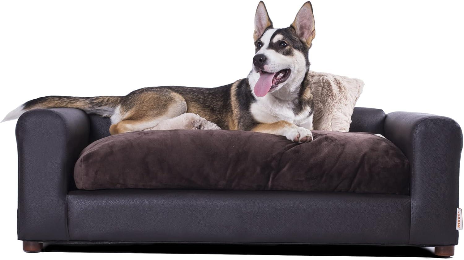 Large Espresso Leatherette Orthopedic Pet Sofa with Cushions