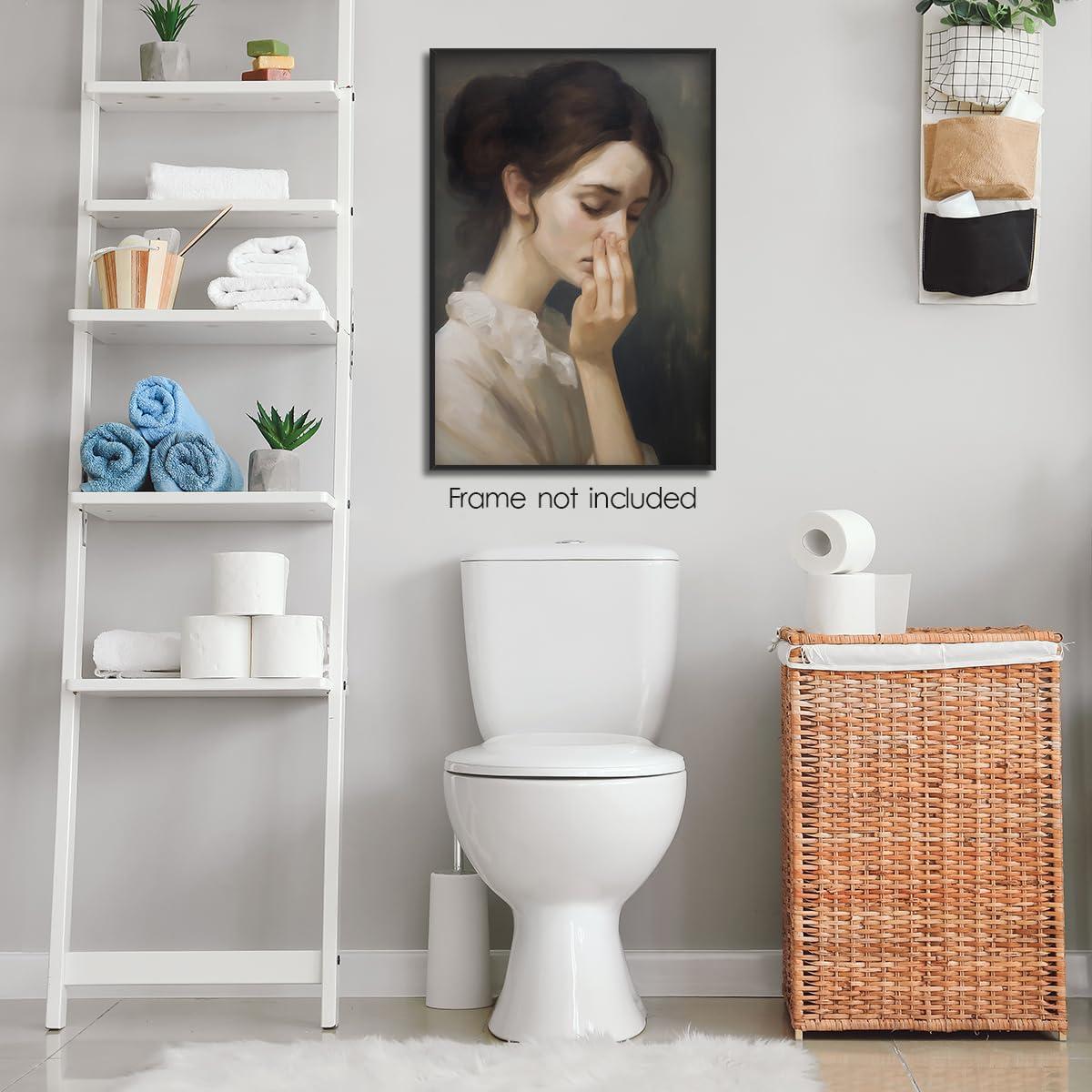 XMJJQQ Funny Bathroom Wall Art, Vintage Funny Bathroom Poster Classical Painting Bathroom Canvas Wall Art, Humor Amusing Toilet Art Pinching Nose Funny Wall Decor 12x16in Unframed, Girl 03