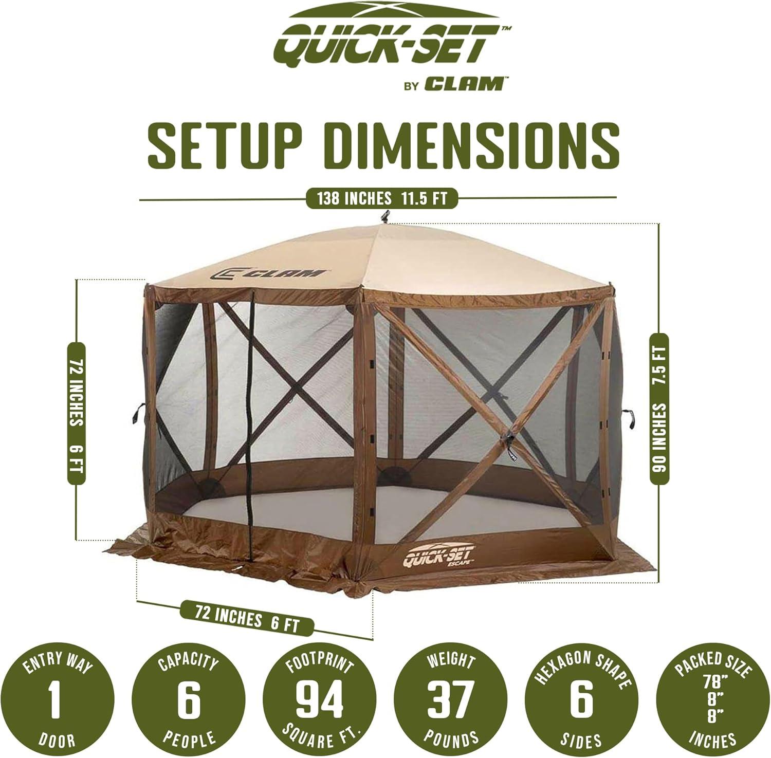 CLAM Quick-Set Pavilion Portable Pop-Up Outdoor Camping Gazebo Screen Tent Sided Canopy Shelter with Ground Stakes & Carry Bag