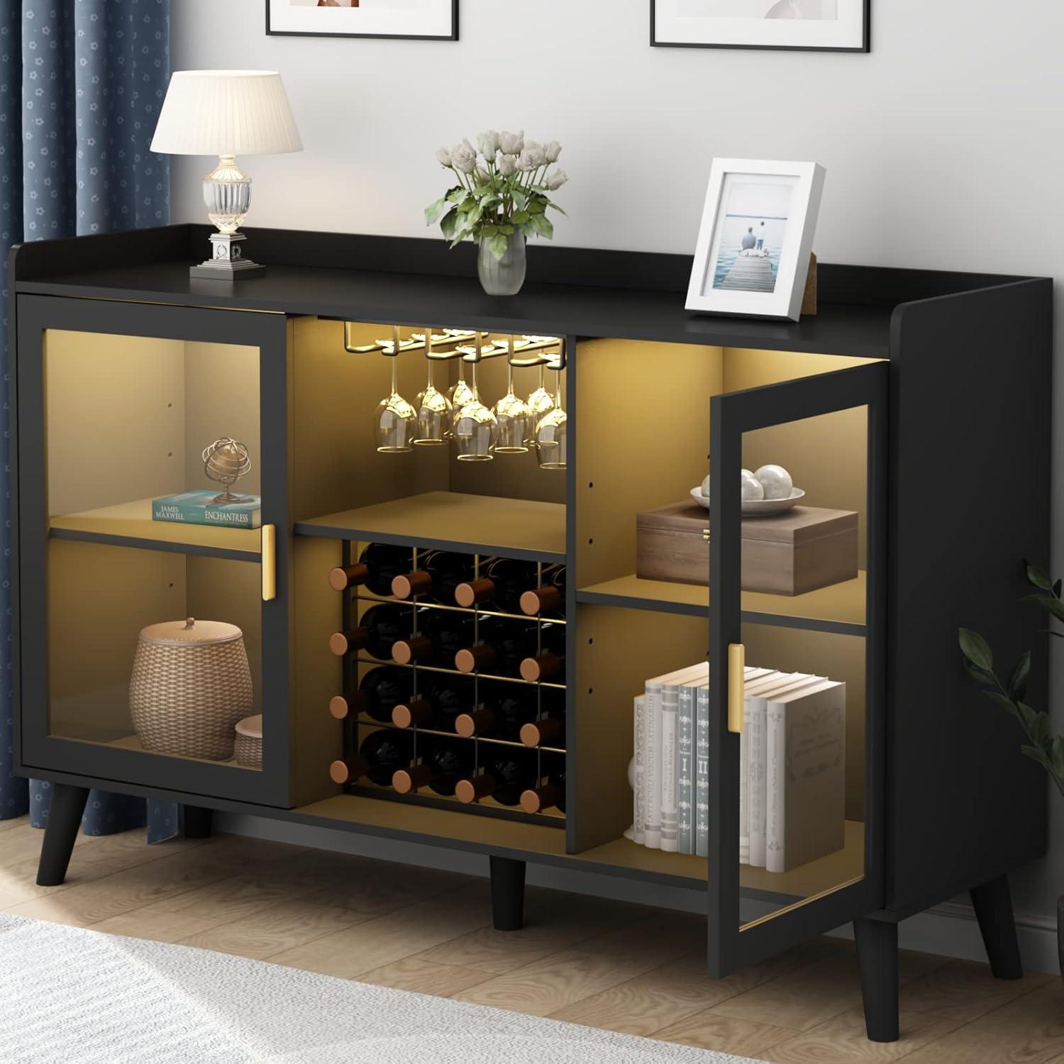 Auromie Wine Bar Cabinet with LED Light, Home Coffee Cabinet with Wine & Glass Rack, Kitchen Buffet Sideboard with Storage Shelves, Freestanding Liquor Cabinet for Living Room, Dining Room, Black