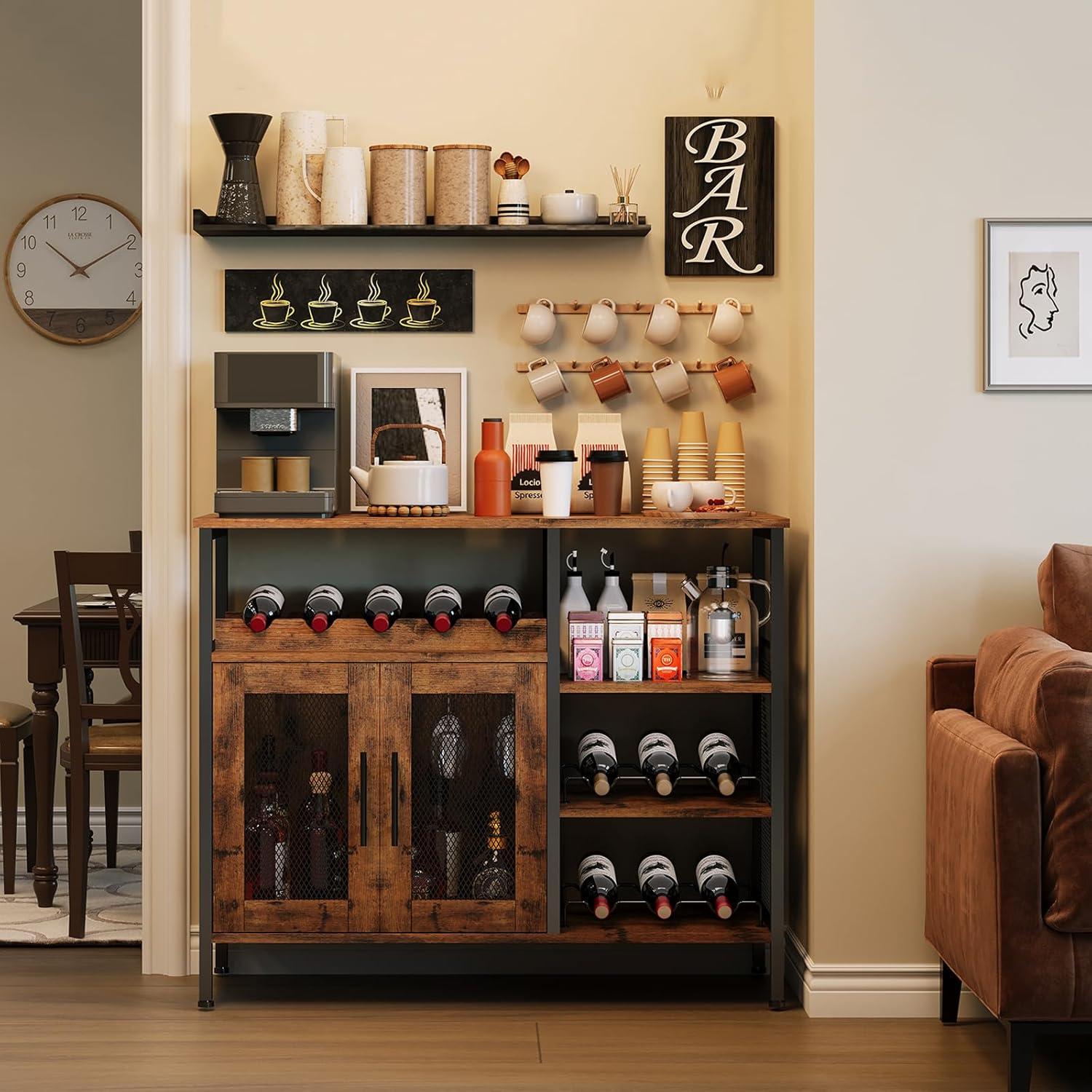 Rustic Brown Iron and Wood Home Bar Cabinet with Glass Holder