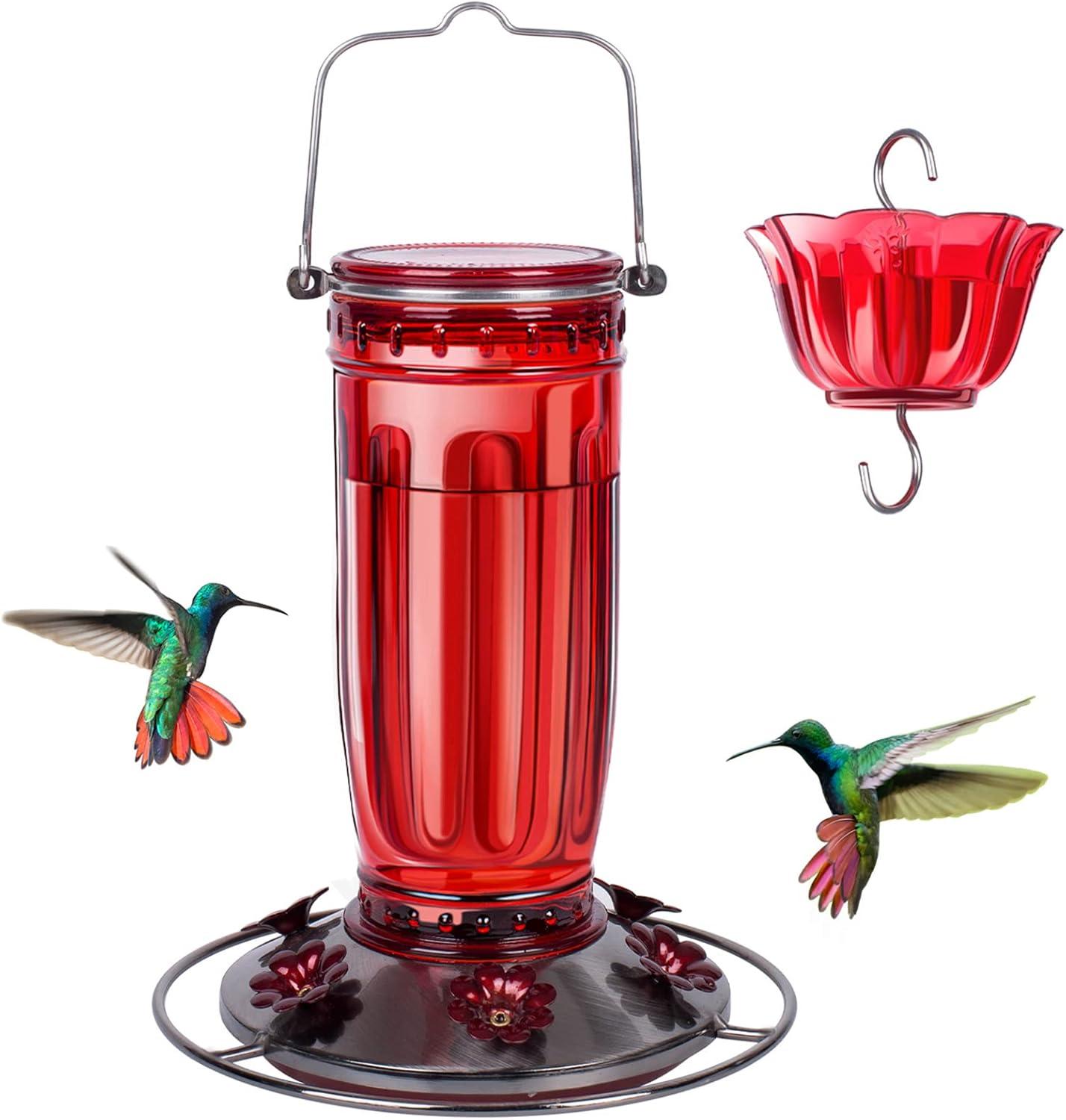 Kingsyard Glass Hummingbird Feeder with 6 Feeding Ports and Ant Moat, 16 oz, Leak Proof, Red