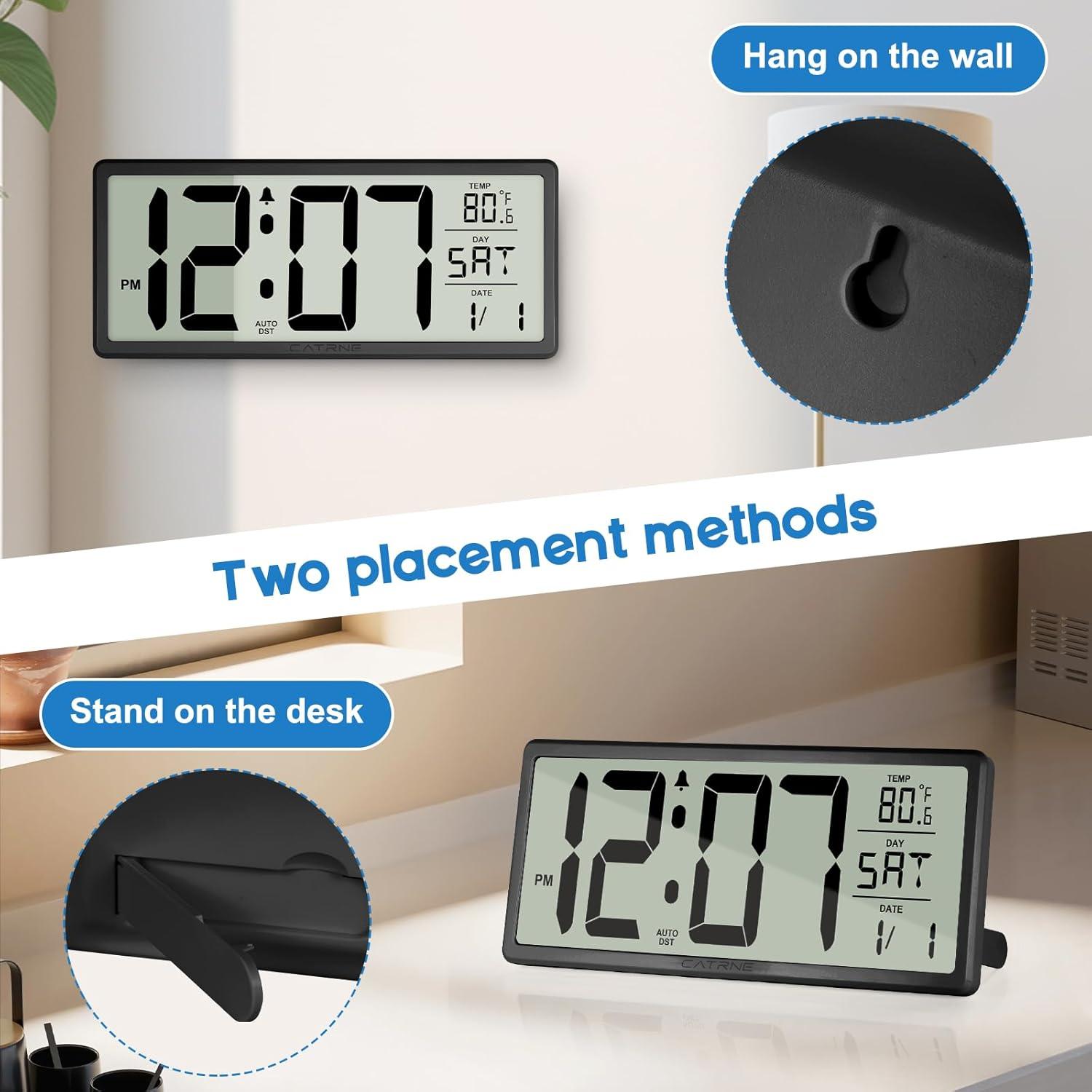 WallarGe 14.5'' Large Digital Wall Clock Battery Operated with Jumbo Numbers, Temperature and Date - Easy to Read and Set, Auto DST