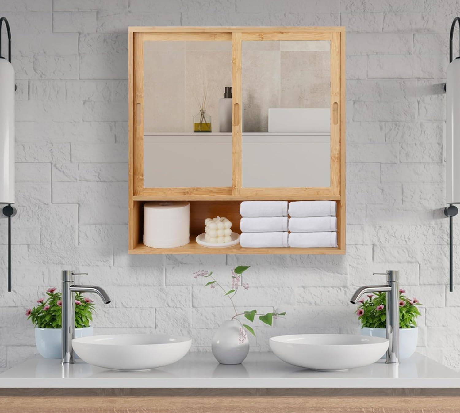 Bamboo Medicine Cabinet Mirror,Mirrored Cabinet With 2 Sliding Doors