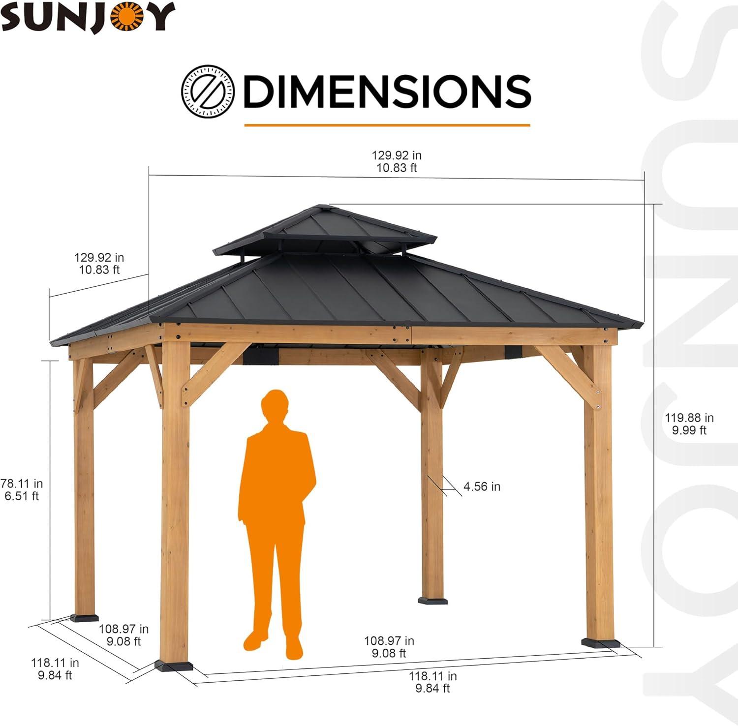 Sunjoy 11 ft. Black Steel Roof Cedar Wood Frame Gazebo