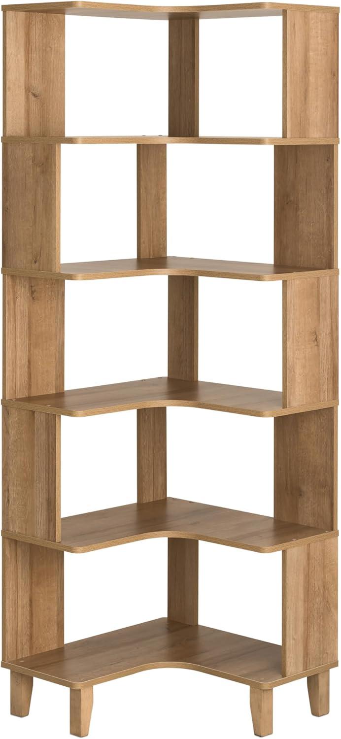 Natural Oak 6-Tier Corner Wood Bookcase with Open Back