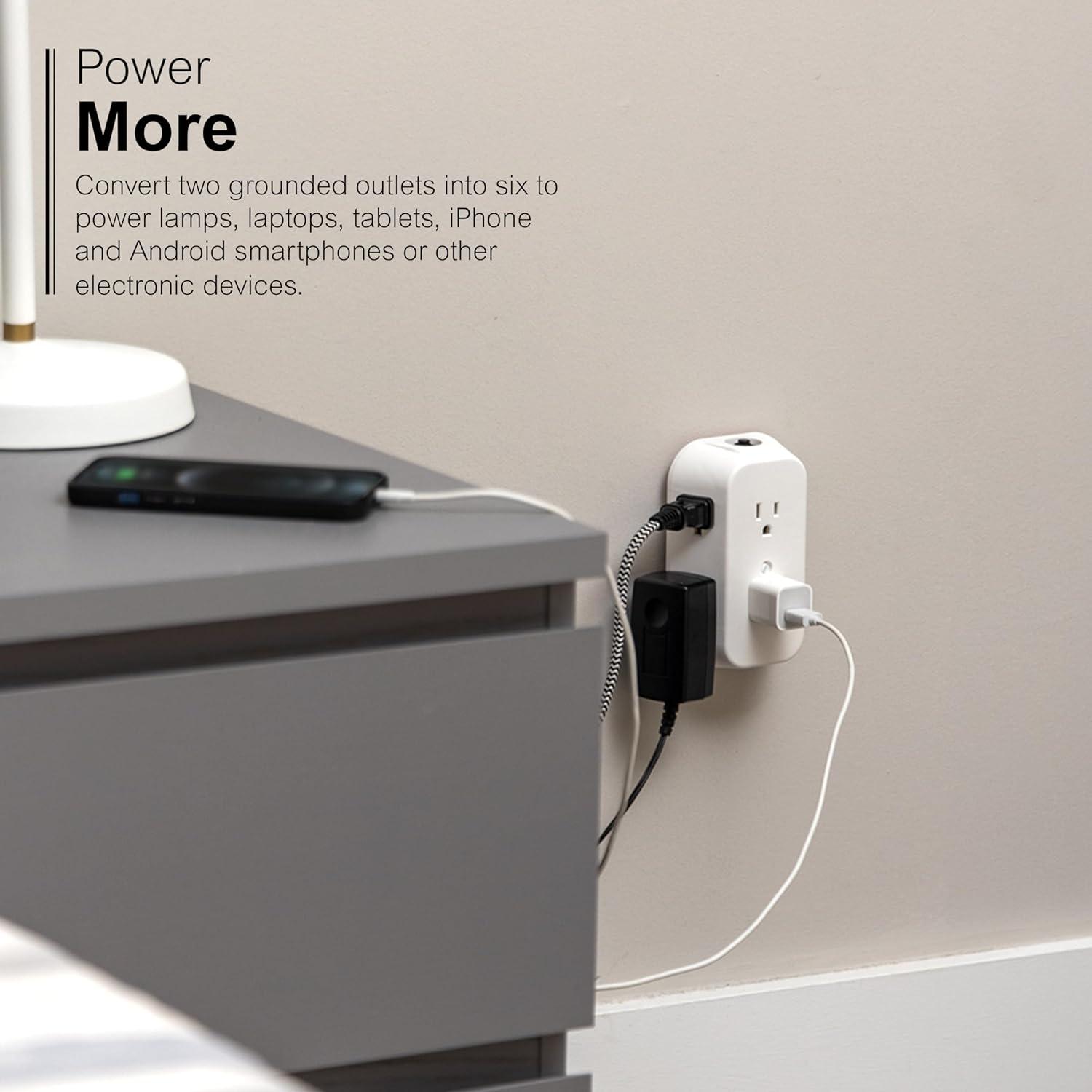 GE 6-Outlet Wall Adapter, Reset Button, Wide Spaced Outlets, 56575