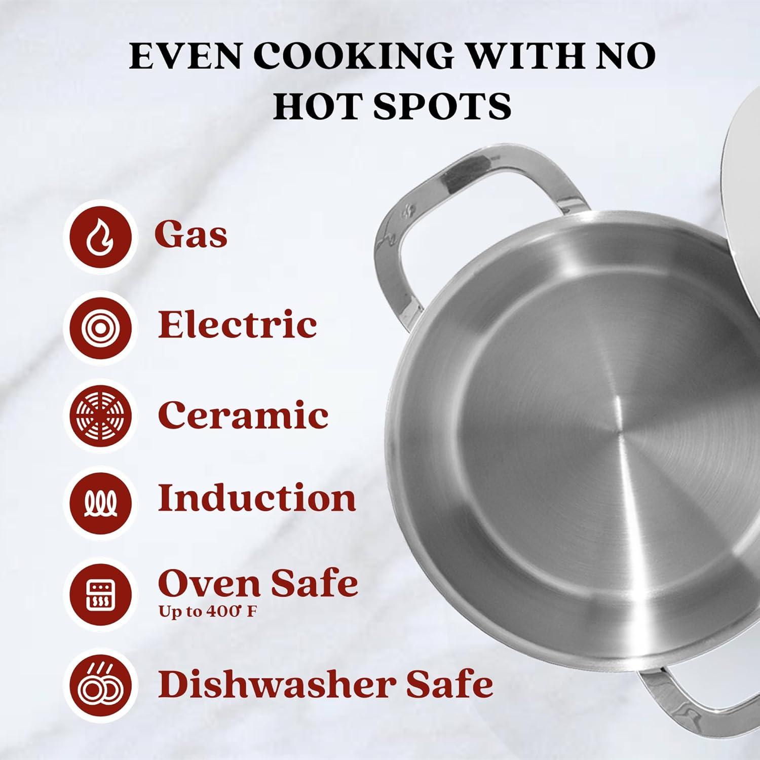 Alva Maestro 8 Qt. Stainless Steel Stock Pot with Lid Scratch Resistant Non-Toxic PFAS Free Compatible with All Stovetops Oven Safe & Induction Safe