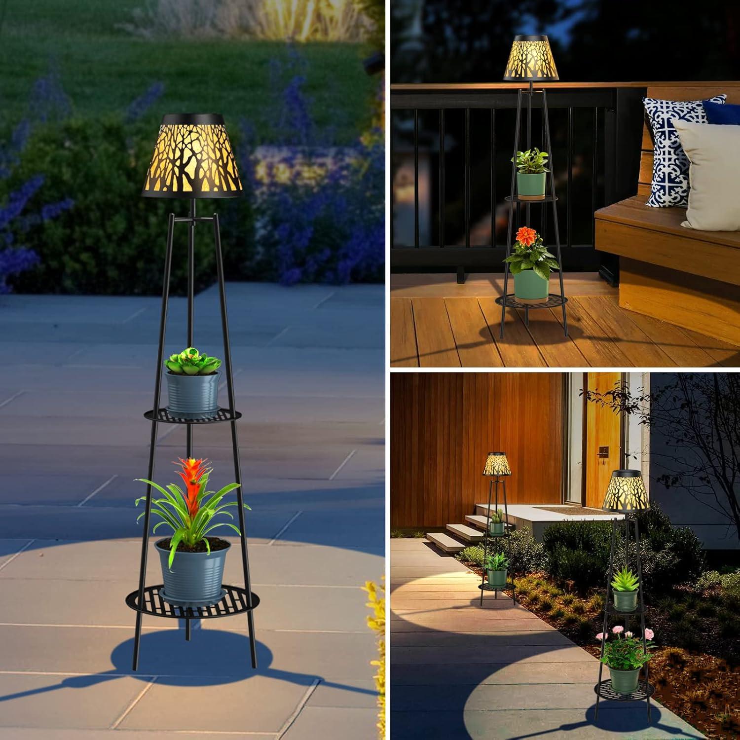 45.5'' Black Metal Solar Lamp Post with Plant Stands, Set of 2