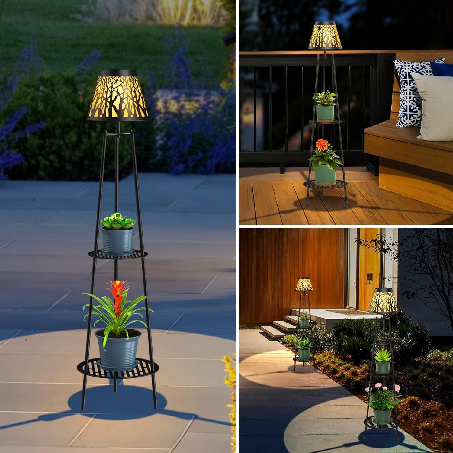 2 Pack 45.5'' Outdoor Floor Lamps with 2 Tier Plant Stand, Solar Powered Metal Waterproof Lights for Patio Deck Yard Garden Porch Decor