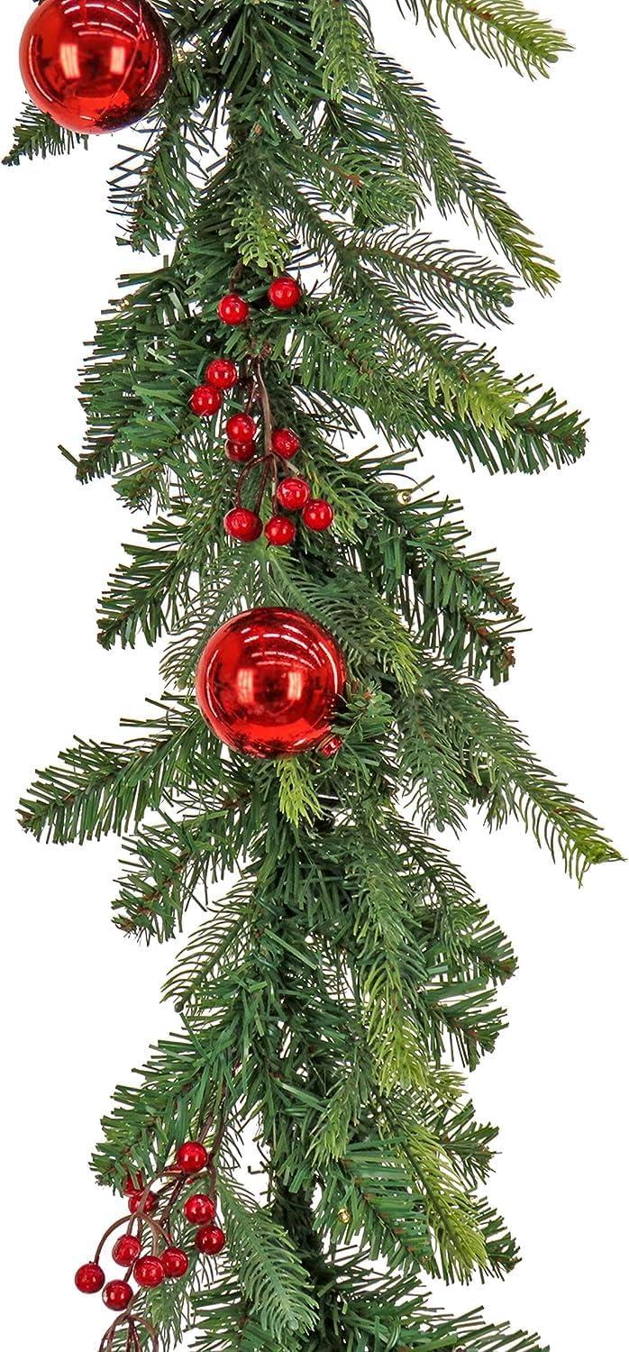 National Tree Company First Traditions Pre-Lit Christmas Garland with Red Ornaments and Berries, Warm White LED Lights, Battery Operated, 6 ft