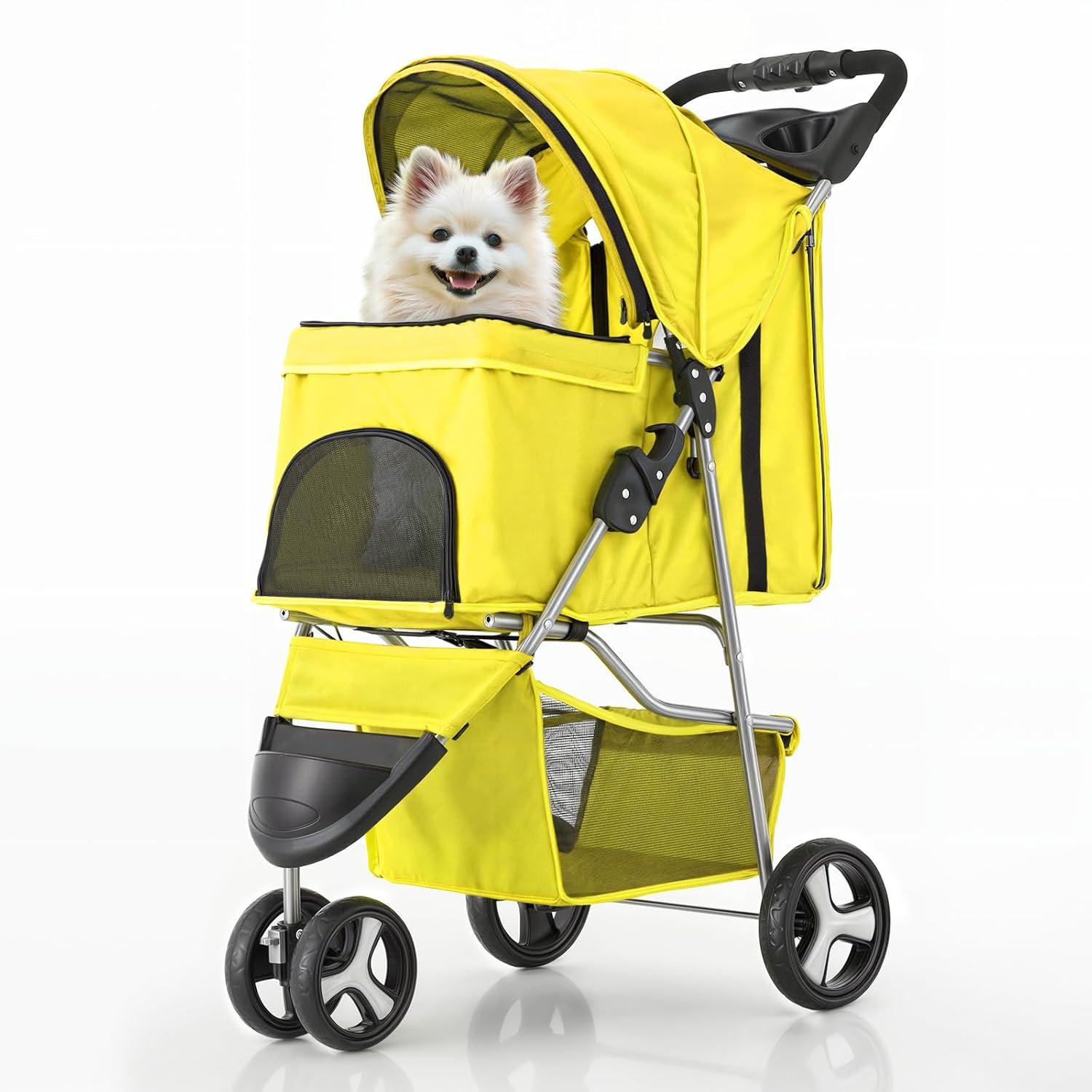 3 Wheel Folding Pet Stroller, Foldable Dog Jogger Stroller with Storage Basket, Cup Holder & Canopy