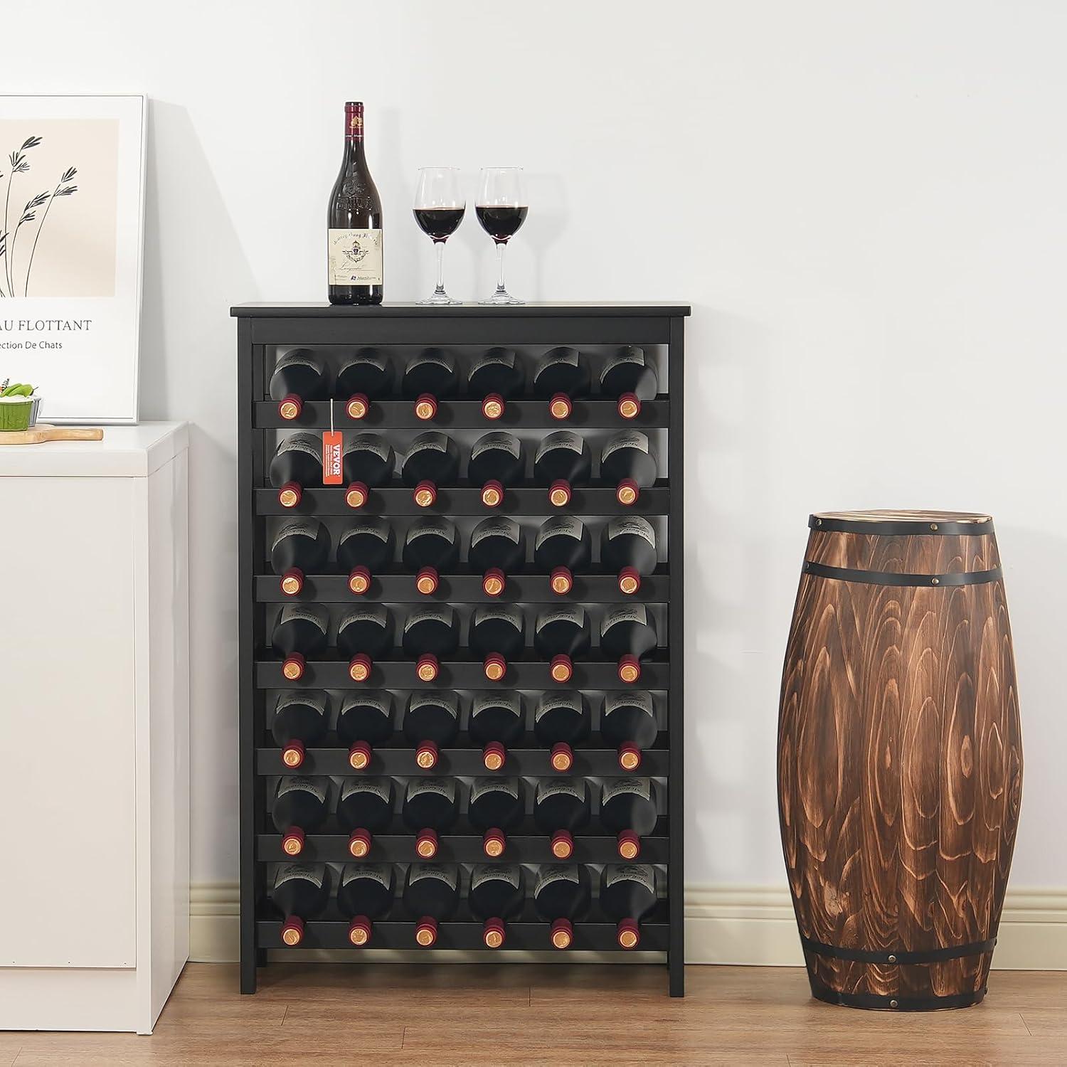 VEVOR 42 Bottle Modular Wine Rack, 7-Tier Solid Bamboo Wood Storage Racks with Table Top, Floor Freestanding Wines Holder Display Shelf, Wobble-Free Shelves for Kitchen, Bar, and Cellar (Black)