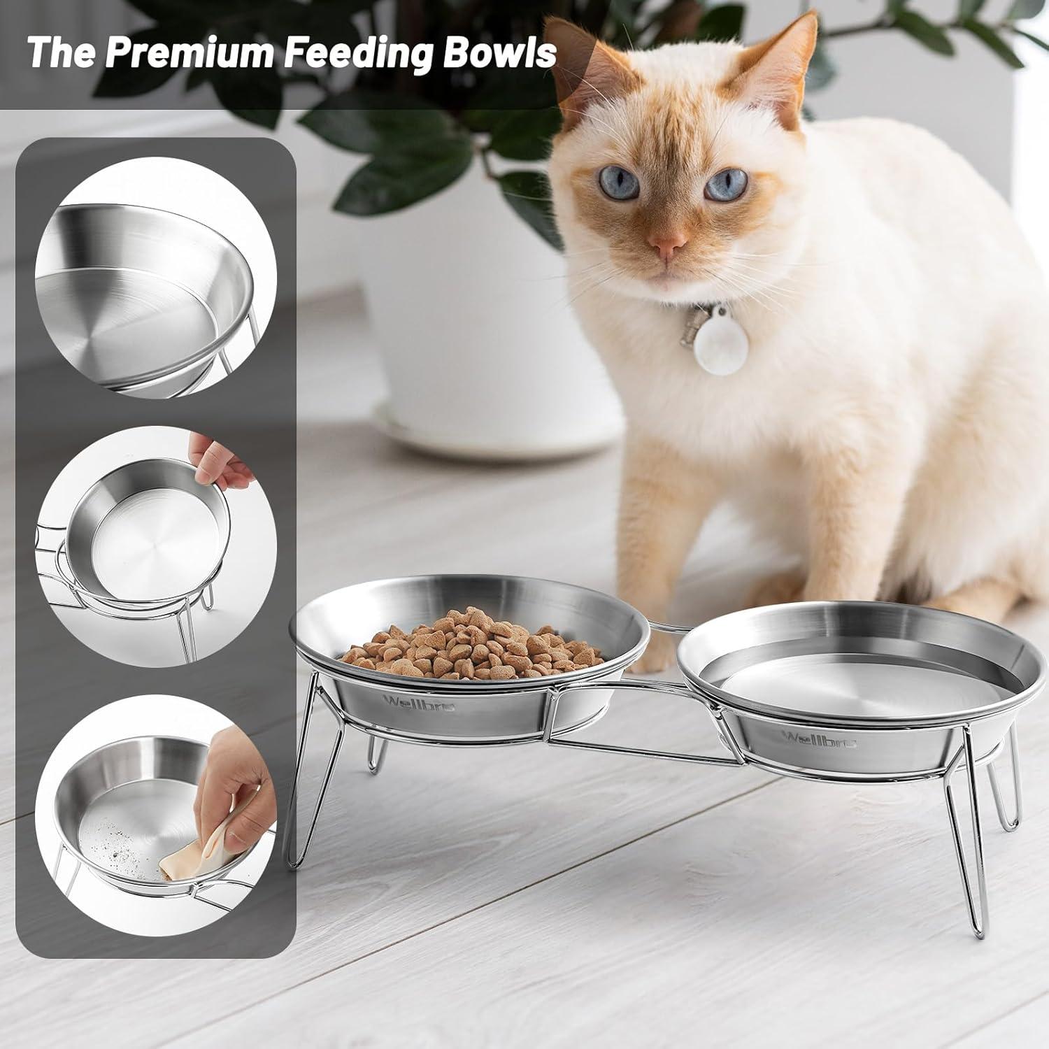 Elevated Cat Bowls, 5.9 Inch Wide Stainless Steel Cat Food Bowls with Metal Stand Whisker Stress-Free, Raised Food and Water Dish for Cats, Kitten, Puppies and Small Dogs-2 Pack
