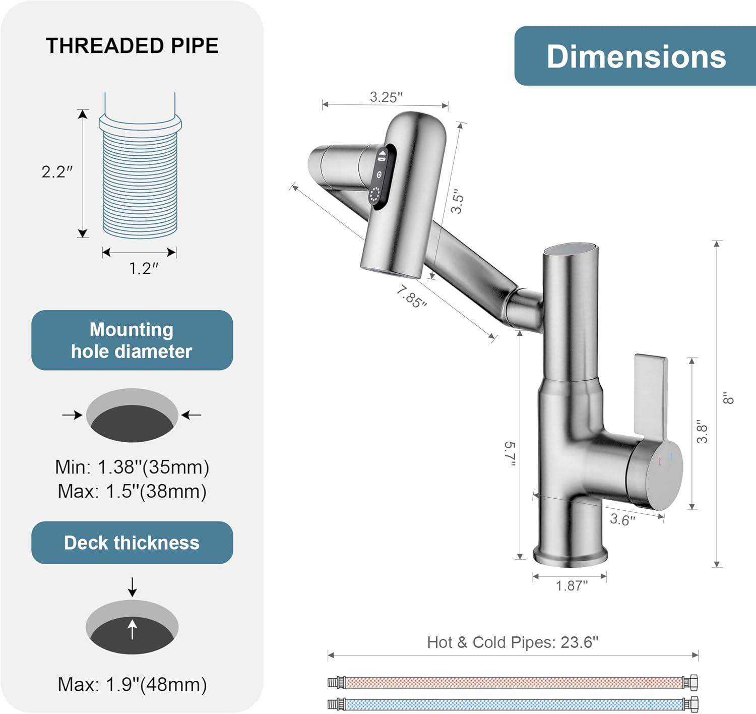 Lefton BF2204-0 Lefton Rotatable Single Hole Bathroom Faucet with Temperature Display BF2204