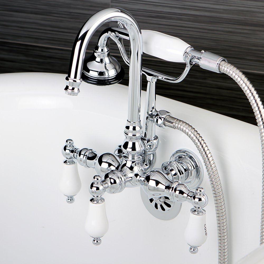 Kingston Brass Vintage Three-Handle 2-Hole Tub Wall Mount Clawfoot Tub Faucet with Hand Shower