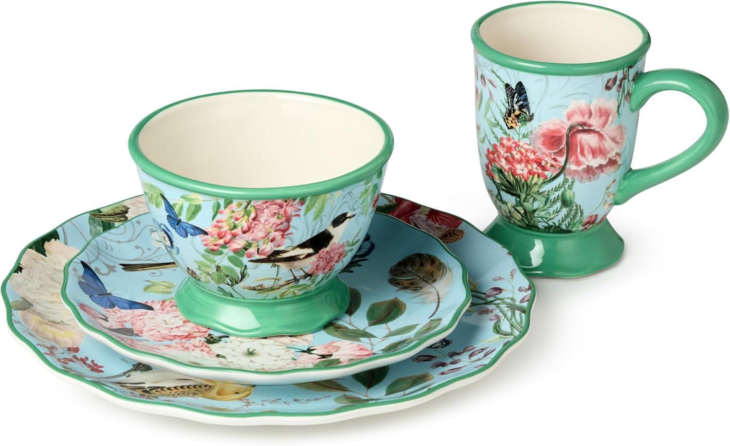 Certified International Flora 16-Piece Dinnerware Set, Service for 4 – Includes Dinner Plates, Dessert Plates, Pedestal Mugs, and Pedestal Ice Cream Bowls with Vibrant Nature-Inspired Floral Designs