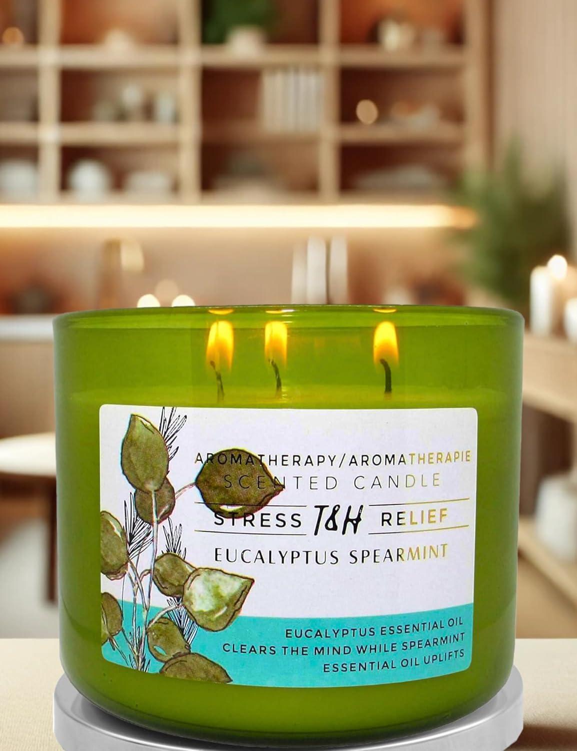 T&H Wholesalers Eucalyptus Spearmint Scented Soy Candle 3 Wick Aromatherapy Candle for Women and Men