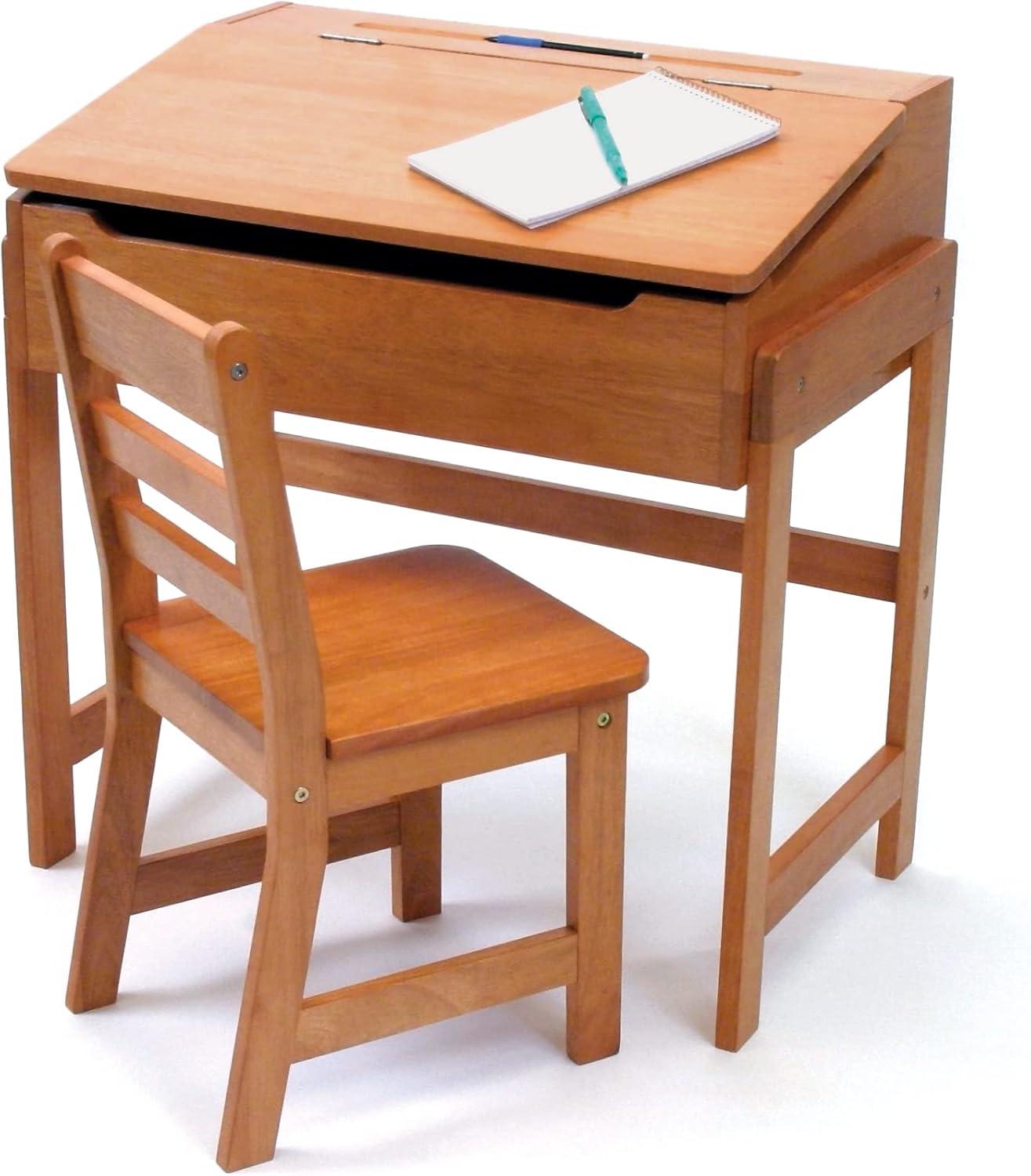 Pecan Wood Slanted Top Desk and Chair Set