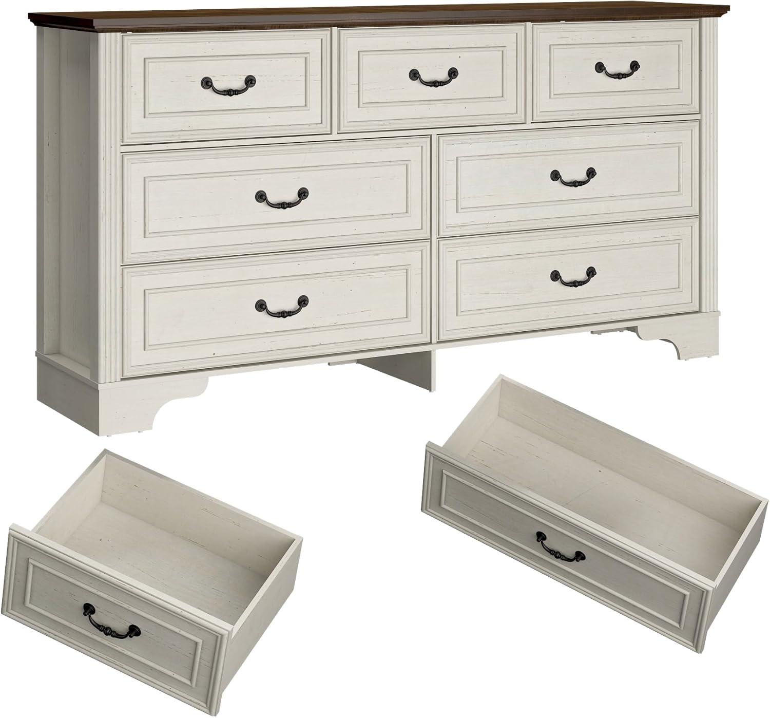 Charlton Home® 59" Farmhouse Dresser With 7 Spacious Drawers – Rustic Wooden Storage Cabinet For Bedroom, Living Room, Or Entryway