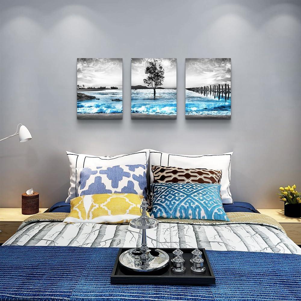 Wall Decorations For Living Room 3 Piece Framed Canvas Wall Art For Bedroom Office Wall Decor Black And White Wall Painting Blue Ocean Sea Wave Pictures Artwork For Modern Beach Posters Home Decor