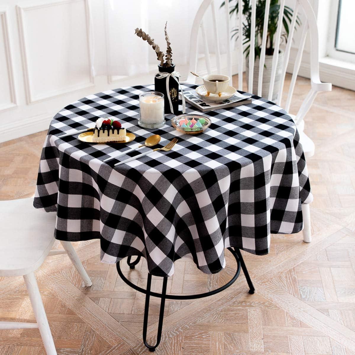 Buffalo Plaid Round Tablecloth Checkered Cotton Linen Table Cover for Kitchen Dining Room Home Decor ( Round - 48 Inch, White & Black )