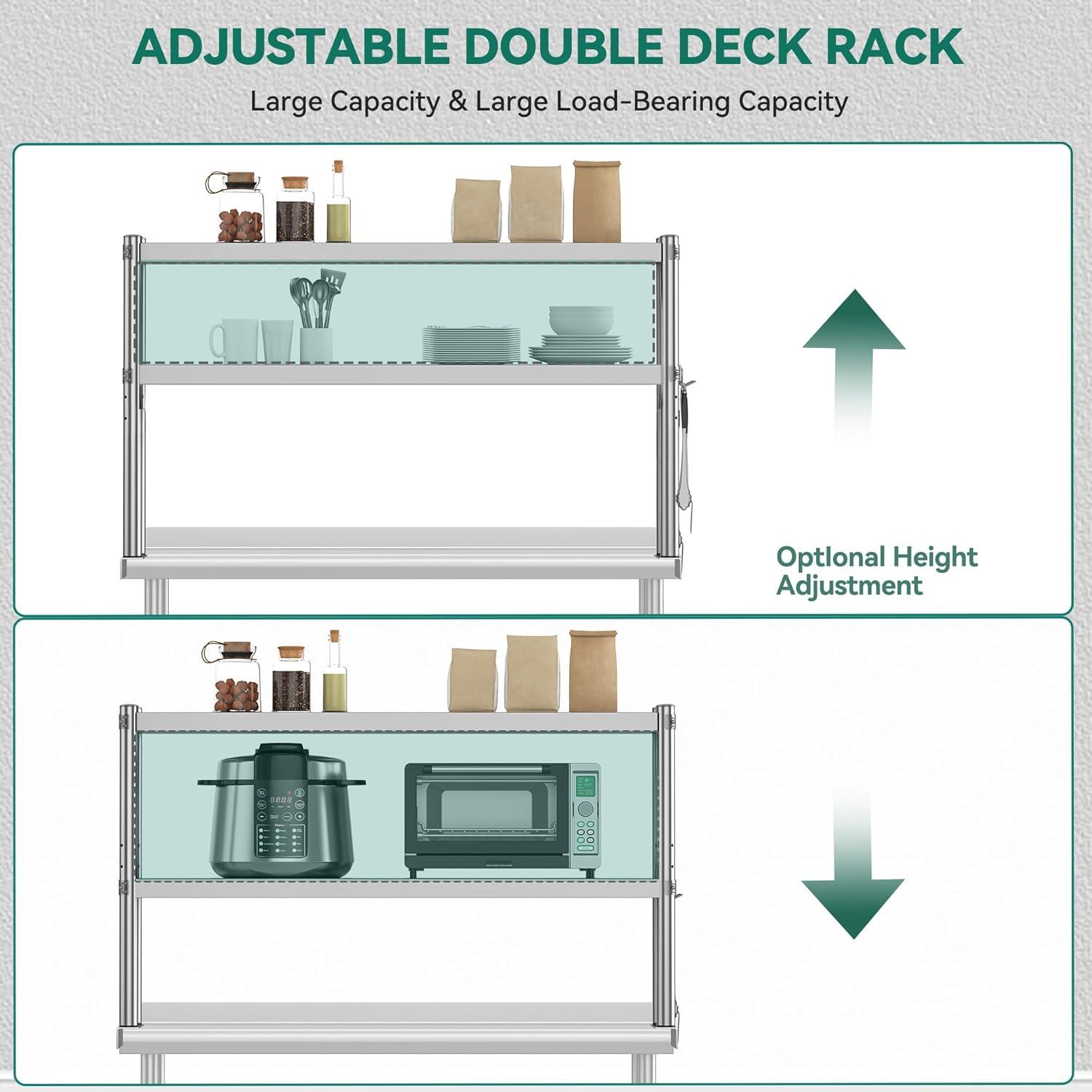 Adjustable Stainless Steel Double Tier Overshelf for Kitchen Prep Table