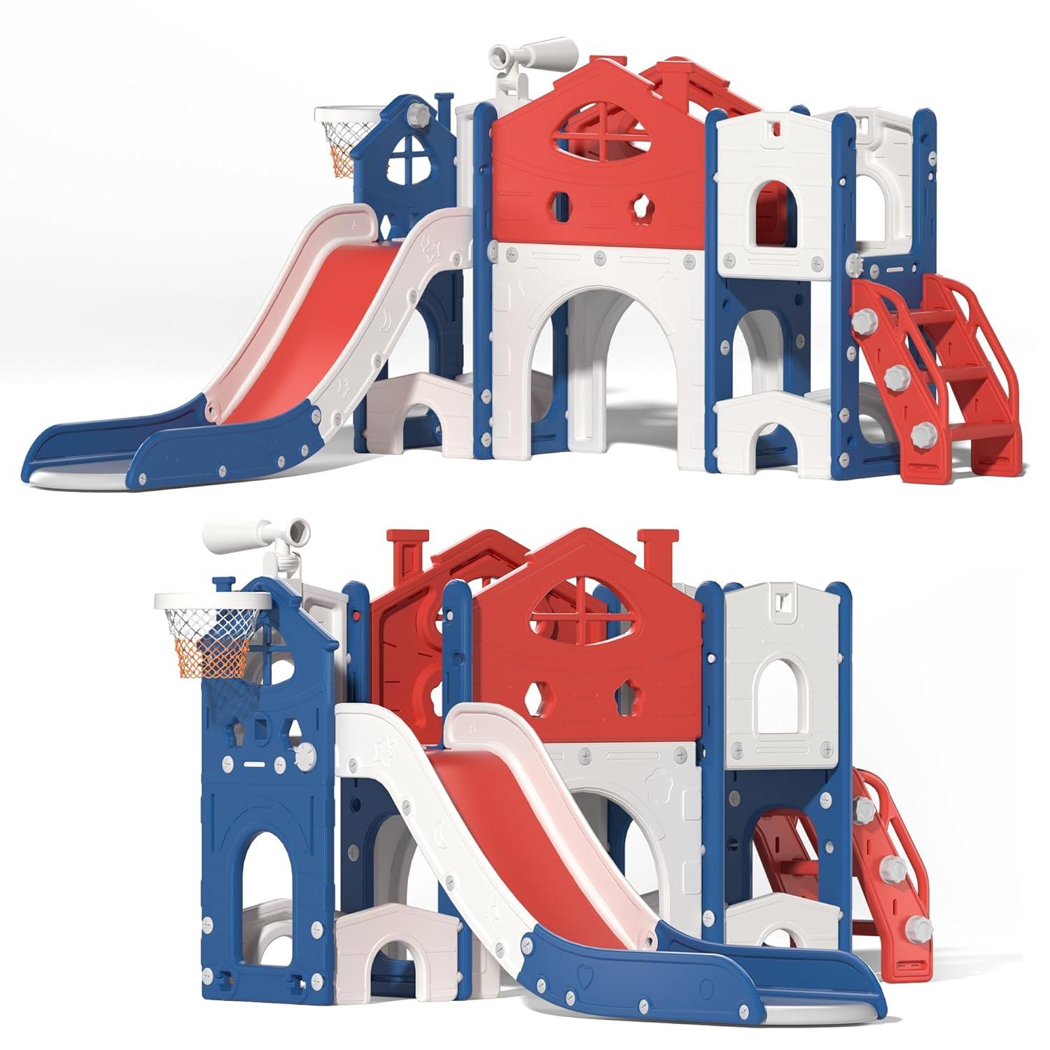 ningbolubikejiyouxiangongsi Kids Slide Playset With Climber, Toddlers Freestanding Castle With Basketball, Storage Area, Tunnel For Indoors And Outdoors, Gift For Children
