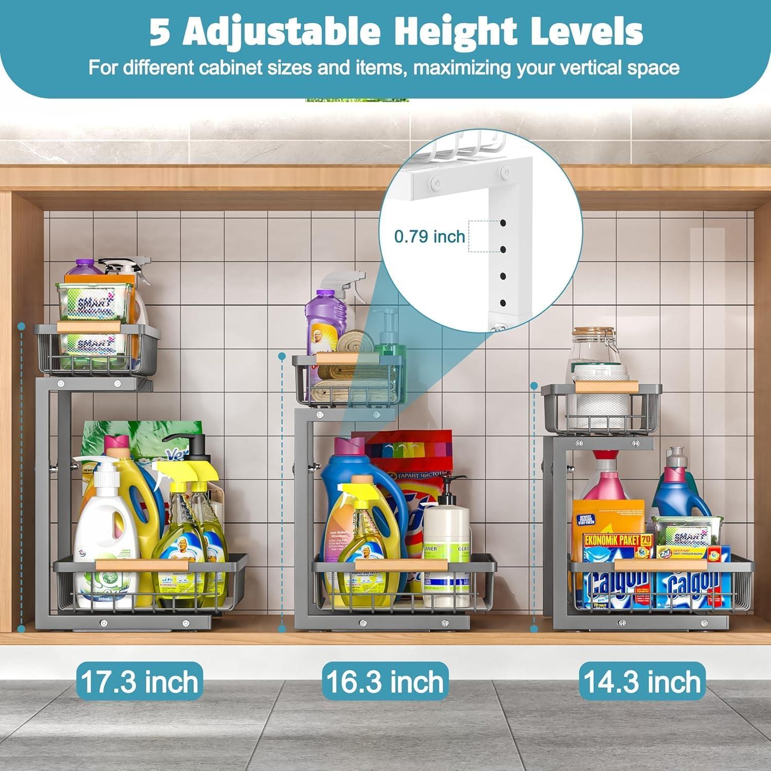 Under Sink Organizer Storage 2 Pack, 2 Tier Slide Out Height Adjustable Pull Out Cabinet Organizer Drawer for Kitchen Bathroom Large Under Sink Shelf Rack Caddy for Pantry, Grey