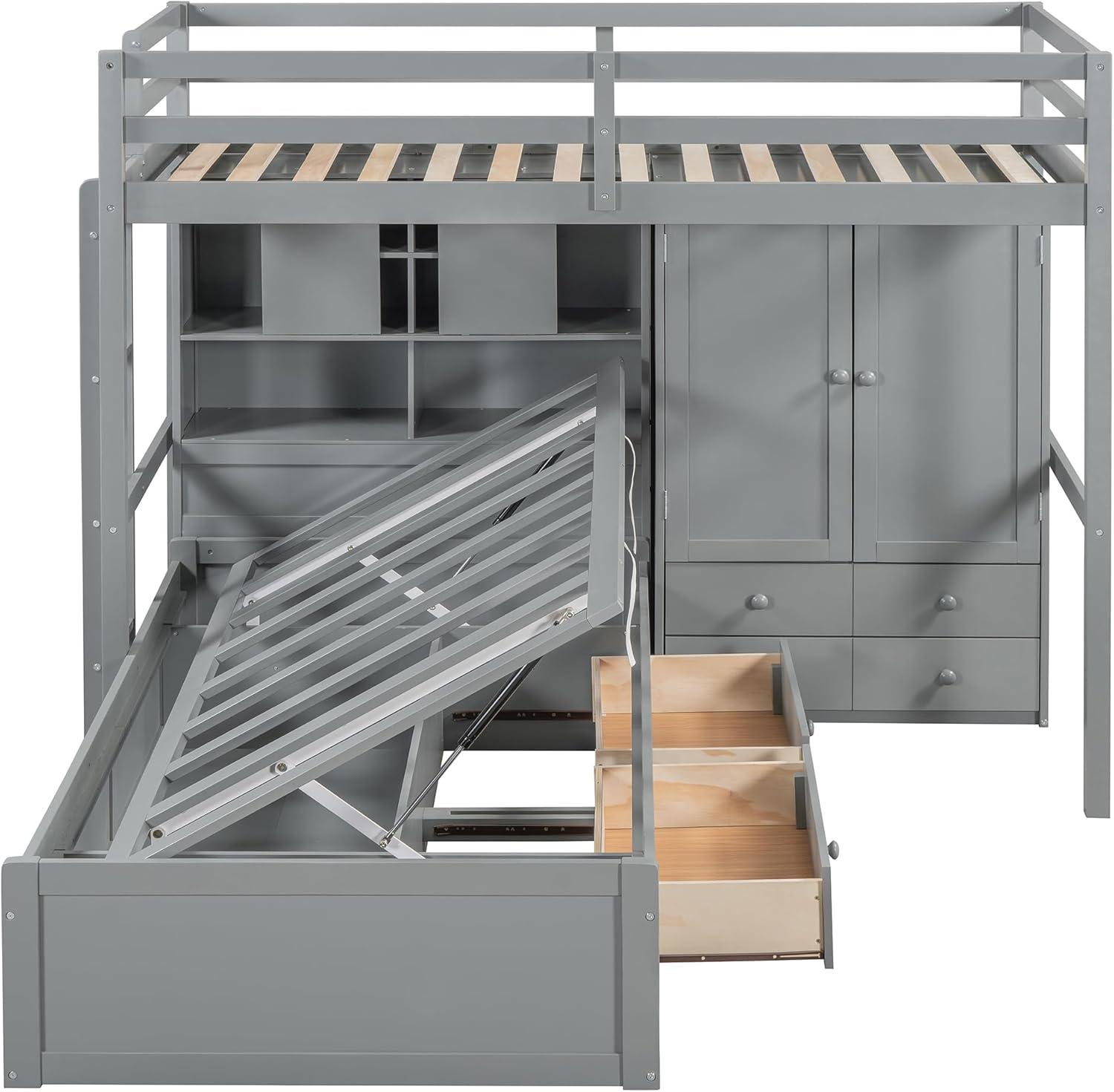 yuanhuan Twin Bunk Bed With Drawers, Wardrobe, Storage Shelves And Hydraulic Bed