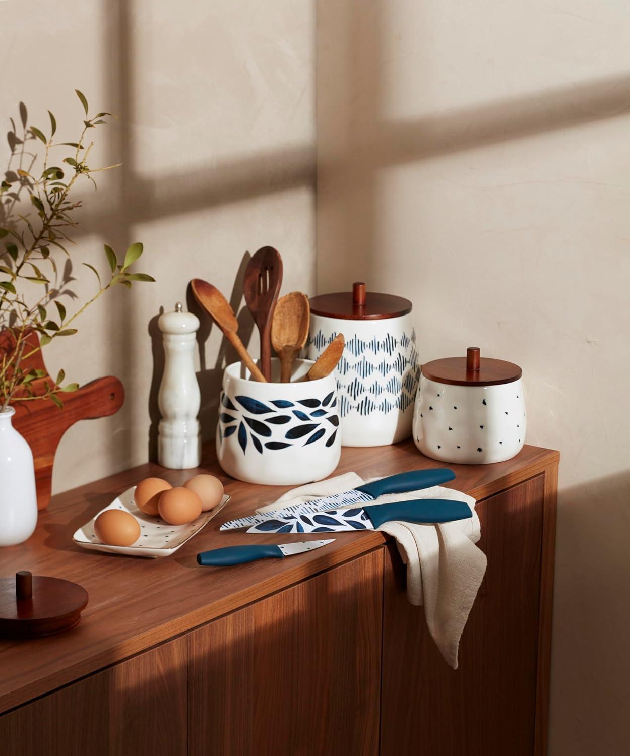 Blue and White Porcelain Canister Set with Wooden Lids