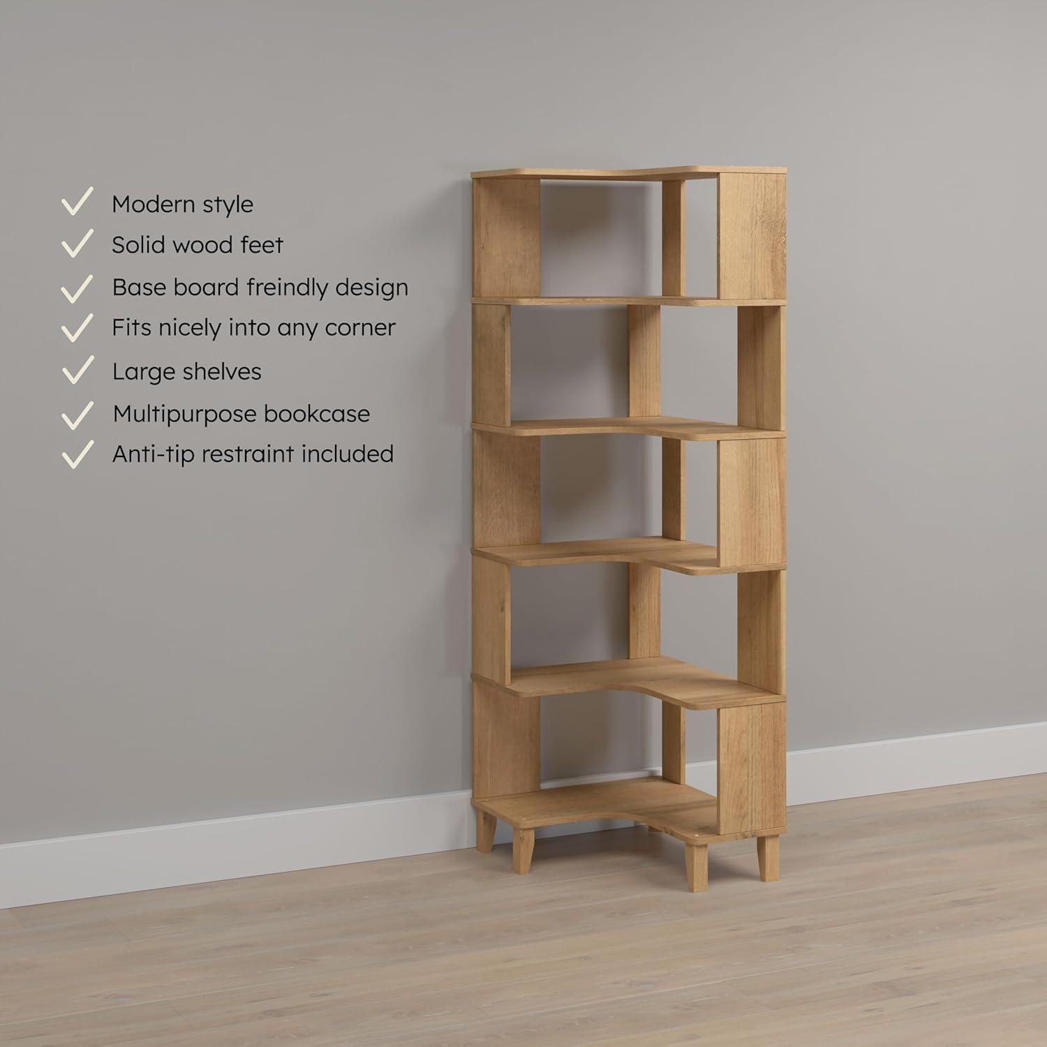 Prepac Nordik 6-Tier Natural Oak Modern Mid Century Corner Bookcase, 71.5" Extra Tall Corner Shelf with Storage, Multifunctional Freestanding Bookshelf for Home Office, Living Room, Bedroom
