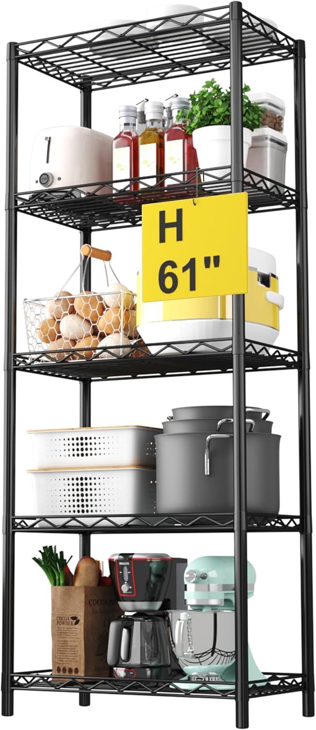 HOMEFORT 5-Tier Wire Shelving 5 Shelves Unit Metal Storage Rack Durable Organizer Perfect for Pantry Closet Kitchen Laundry Organization in Black,21”Wx14”Dx61”H