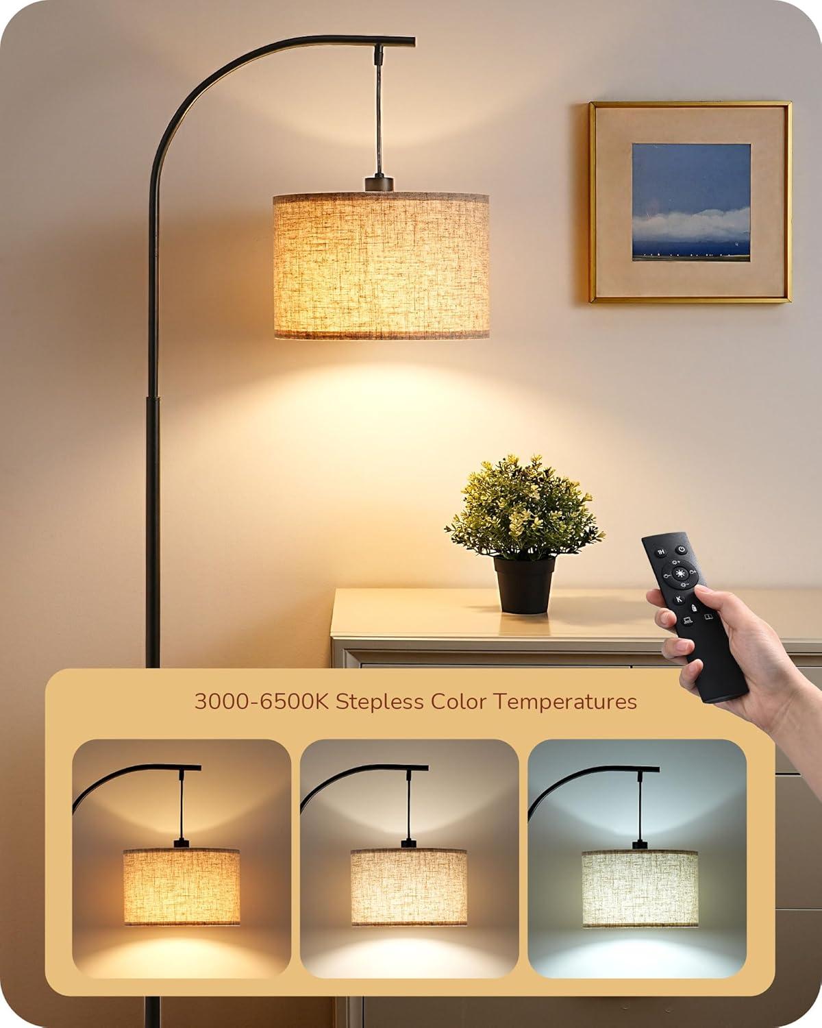 EDISHINE Modern Arc Floor Lamp with Beige Linen Drum Shade & Heavy Base, Dimmable Black Reading Light, Remote Control Bulb Included, Tall Standing Lamp for Reading, Office, Lighting