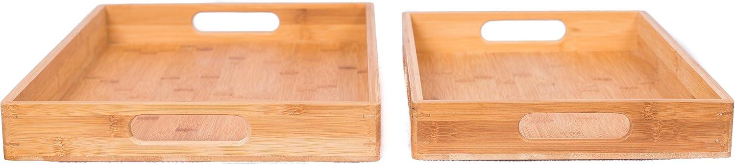 Natural Bamboo Wood Nesting Serving Trays with Handles, Set of 2