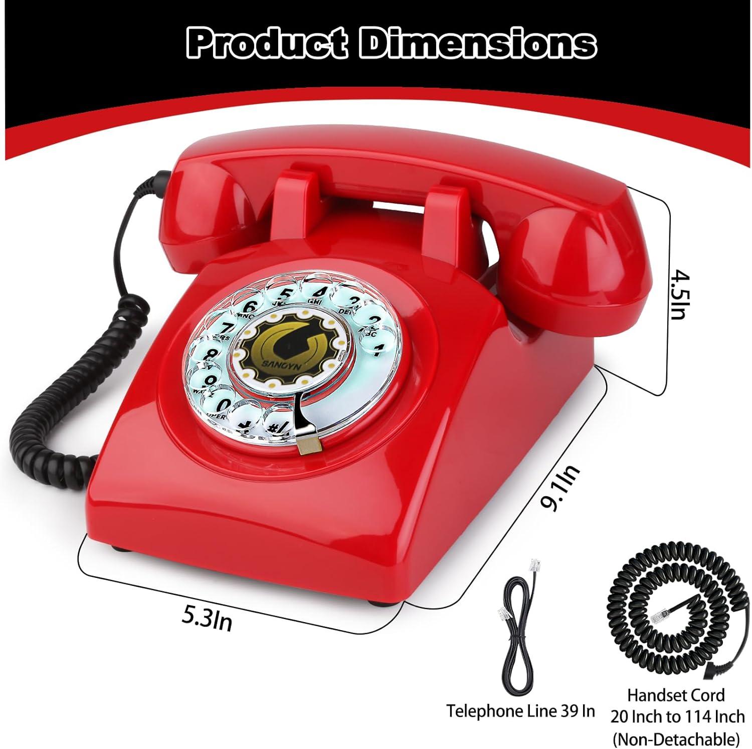 Retro Red Rotary Dial Corded Telephone with Mechanical Ringer