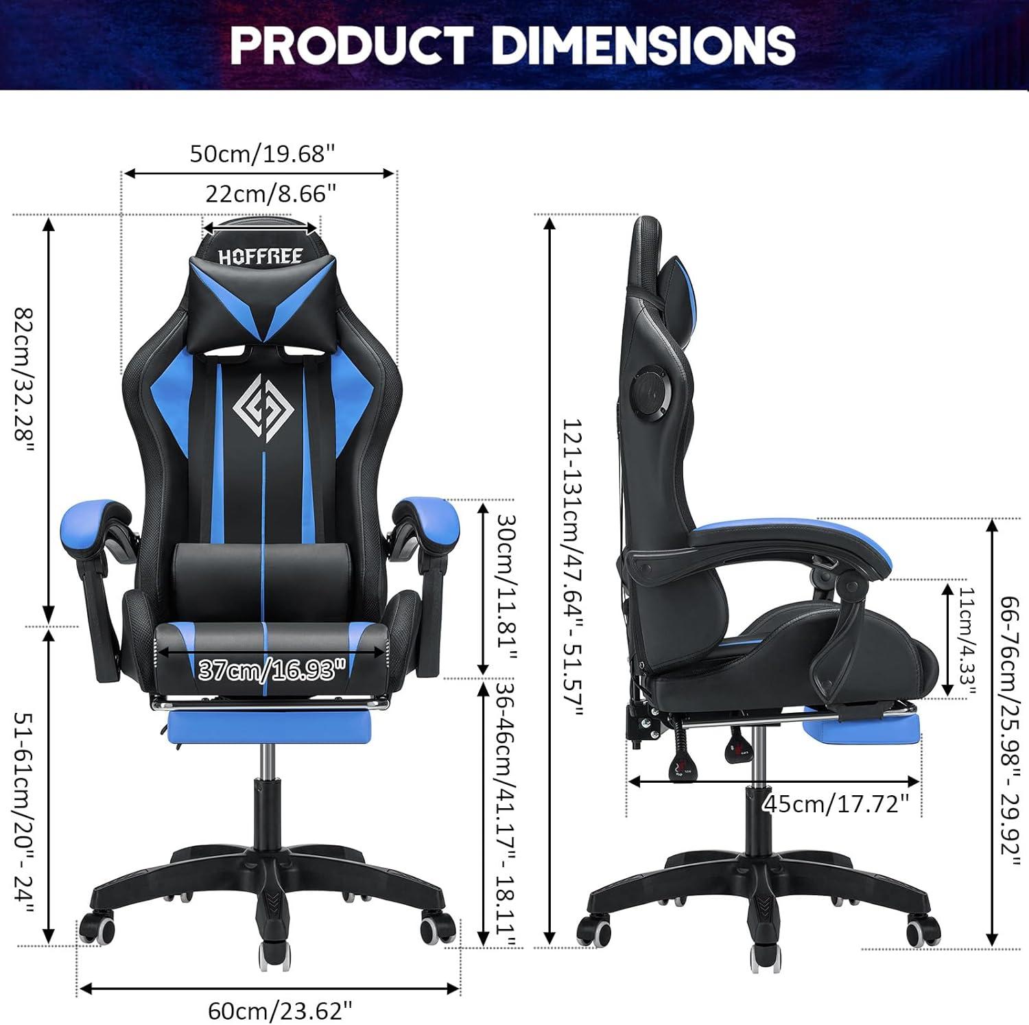 Gaming Chair with Bluetooth Speakers and RGB LED Lights Ergonomic Massage Video Game Chair with Footrest High Back with Lumbar Support Blue and Black