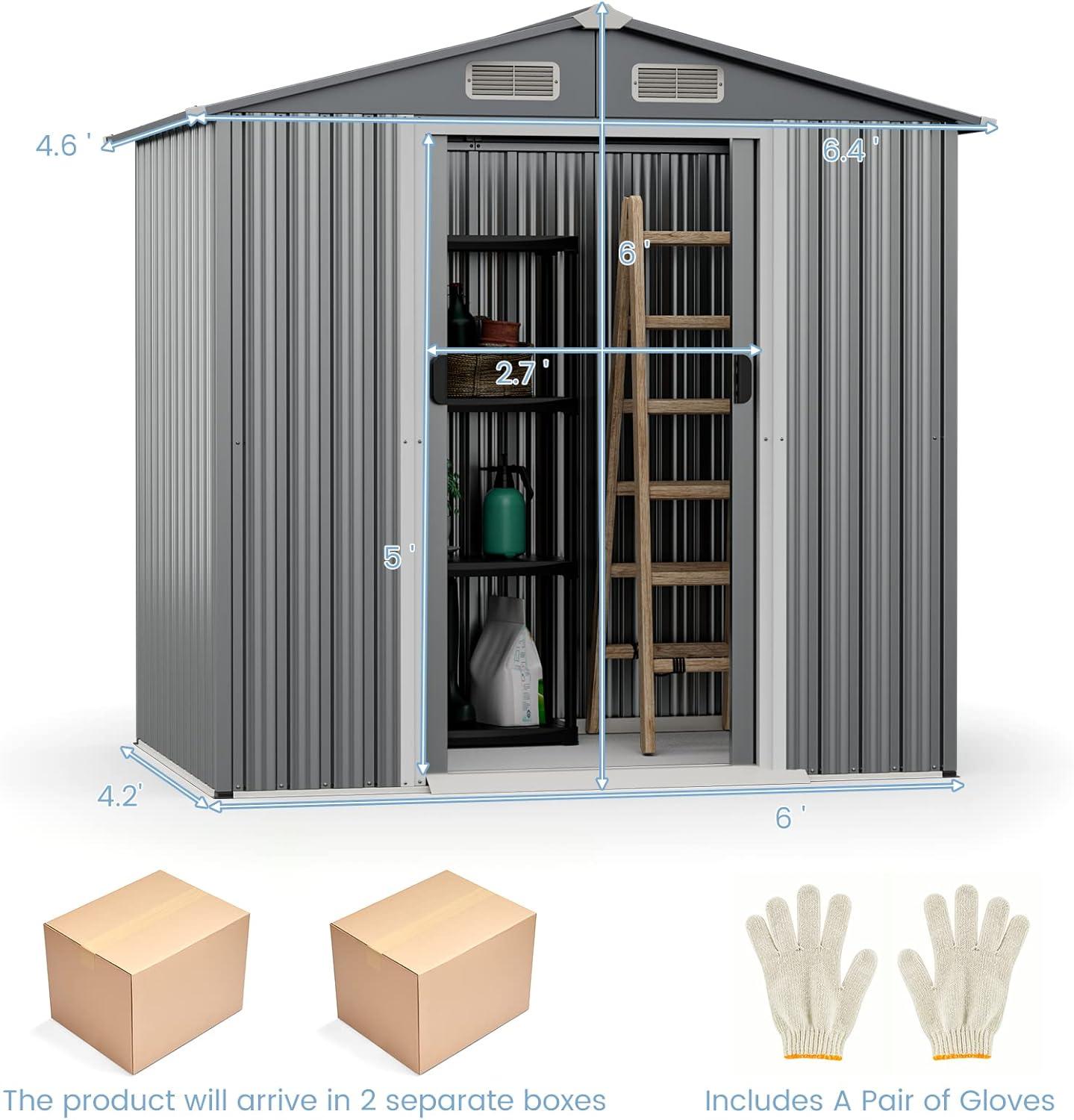 Costway 6 x 4 FT Outdoor Storage Shed Galvanized Steel Shed with Sliding Doors Wood Grain Natural/Grey