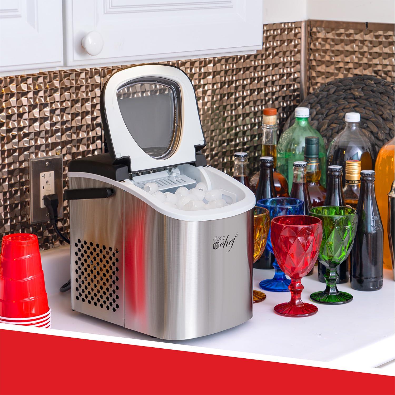 Open Box Deco Chef Compact Countertop Ice Maker 26 LBs in 24 Hours, 9 Ice Cubes in 6 Minutes, Stainless