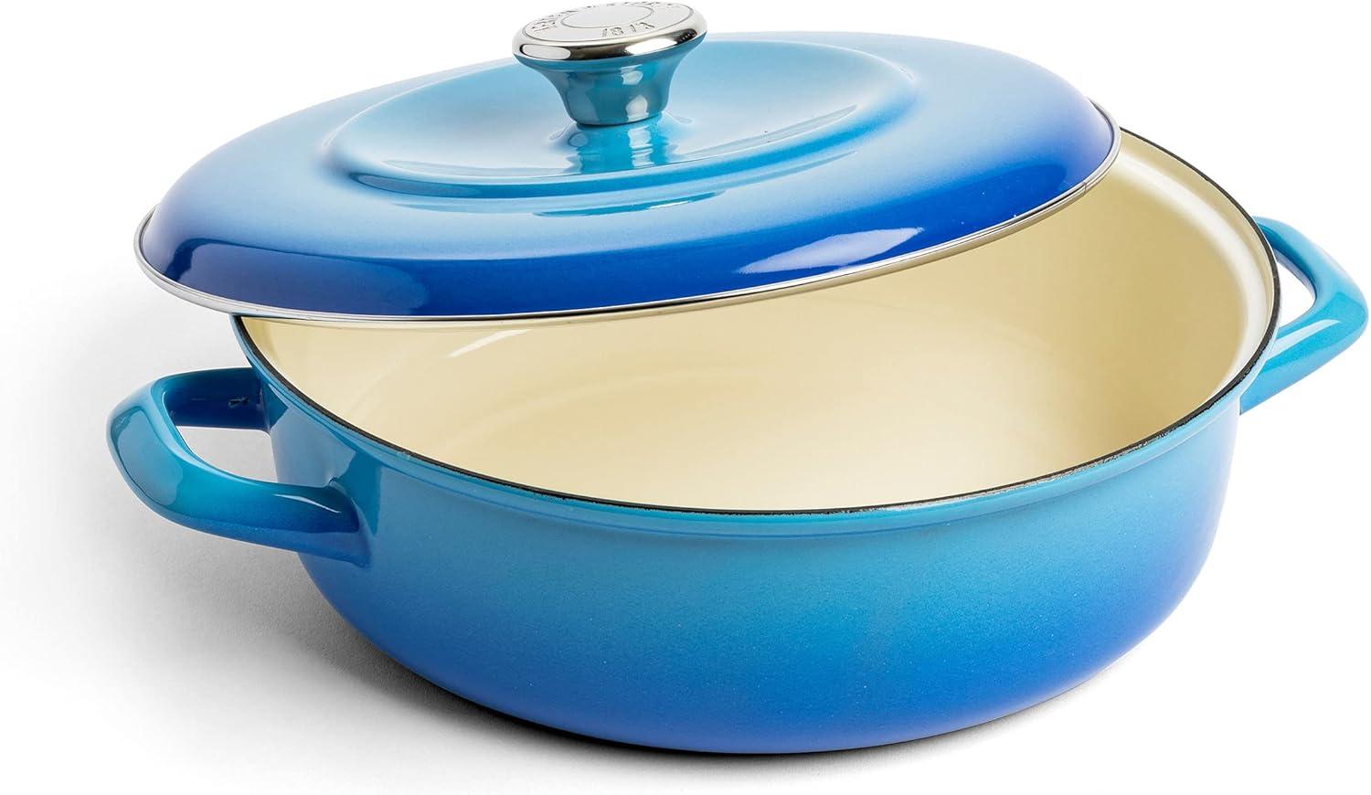 Azure Blue Enameled Cast Iron Round Casserole Braiser with Lid