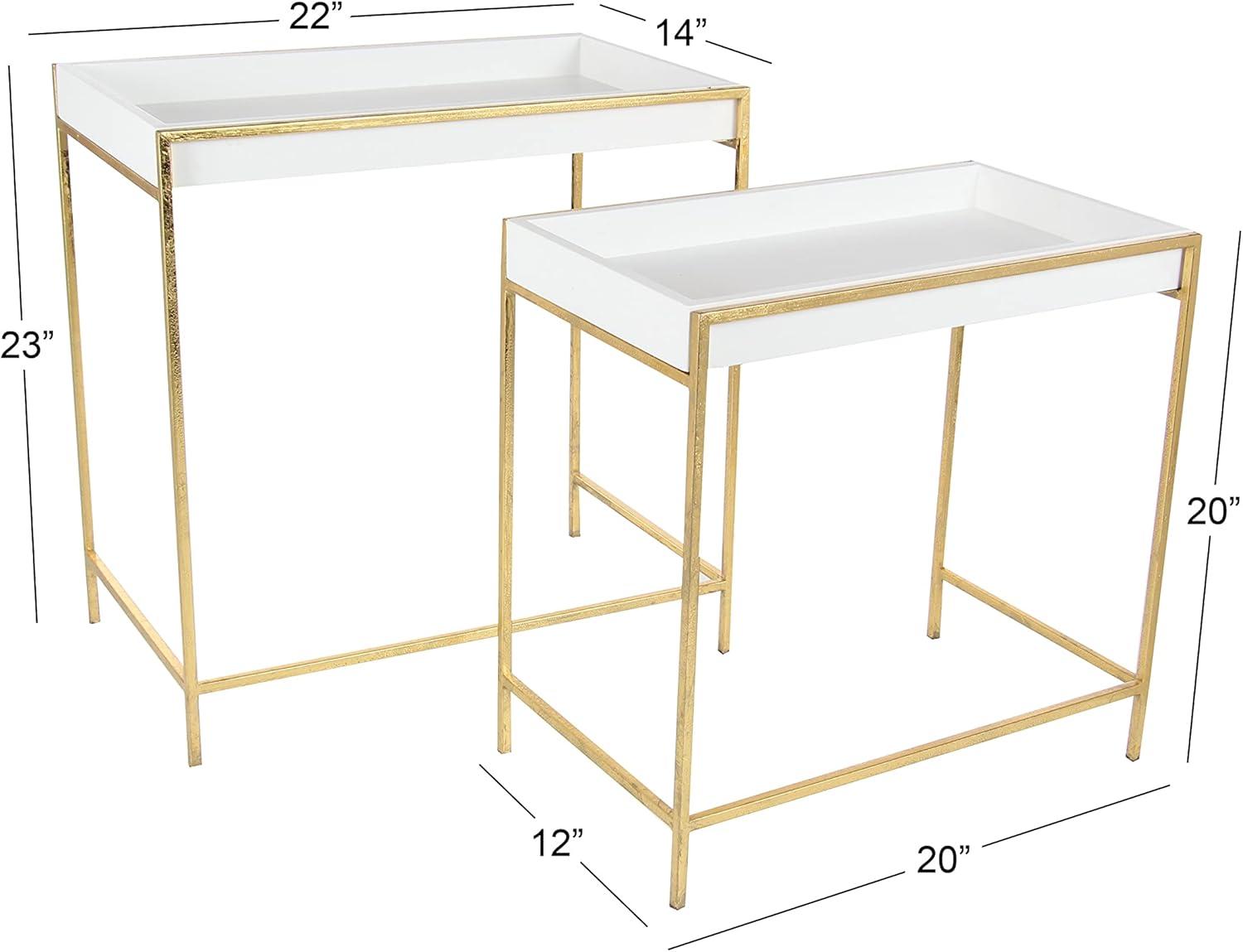 Blaine Wooden Nesting Tray Top Geometric Side End White Accent Table with Gold Metal Legs Set