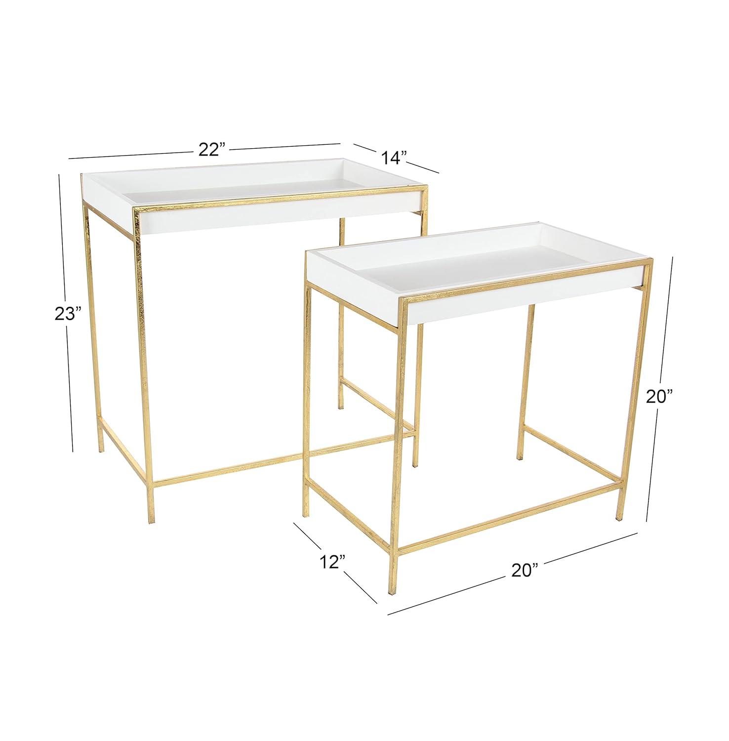 Mercer41 Blaine Wooden Nesting Tray Top Geometric Side End White Accent Table with Gold Metal Legs Set